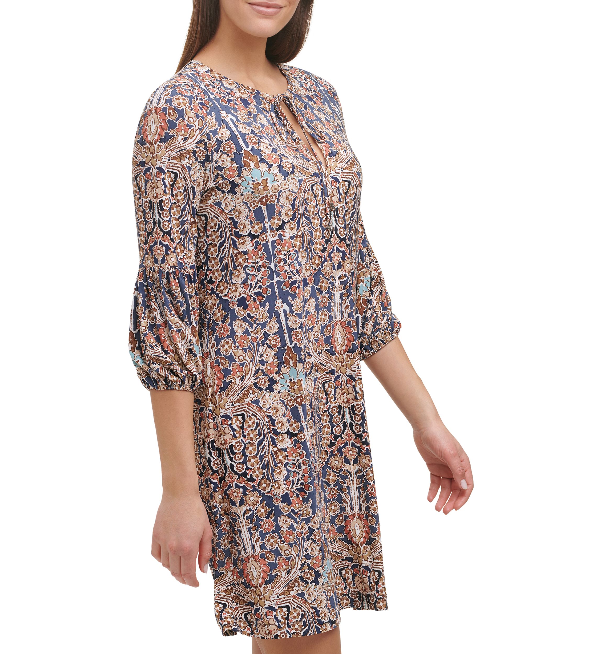 Womens 3/4 Puff Sleeve Keyhole Neck Floral Pleated Dress
