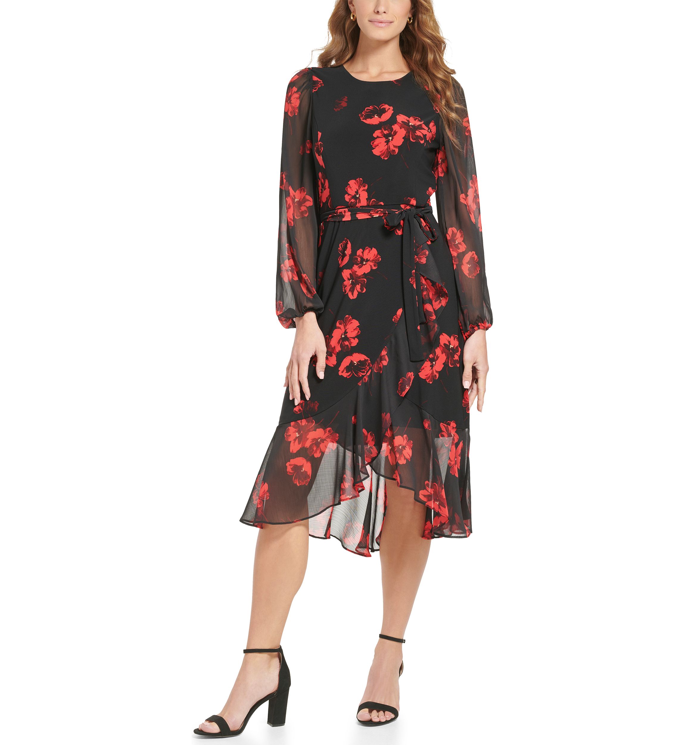 Womens Mixed Media Floral Midi Dress