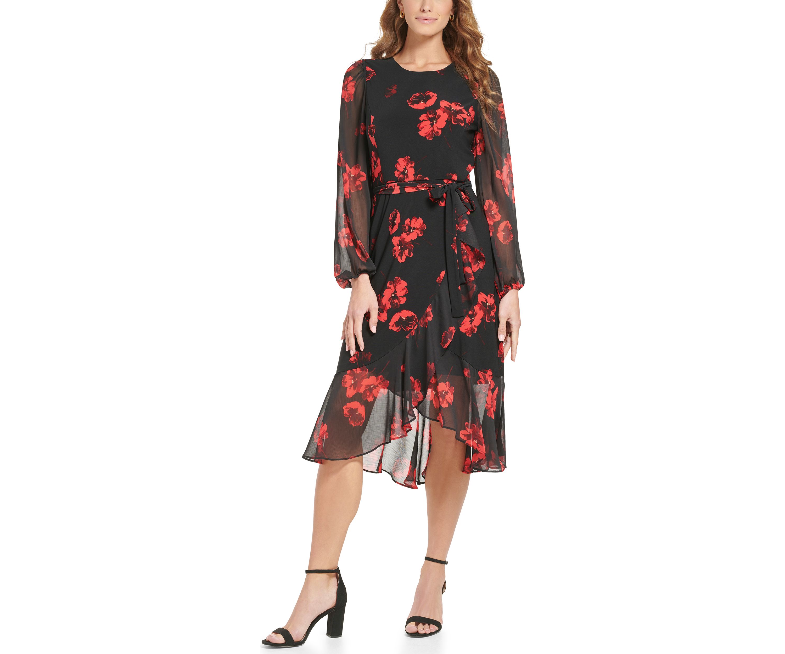 Womens Mixed Media Floral Midi Dress
