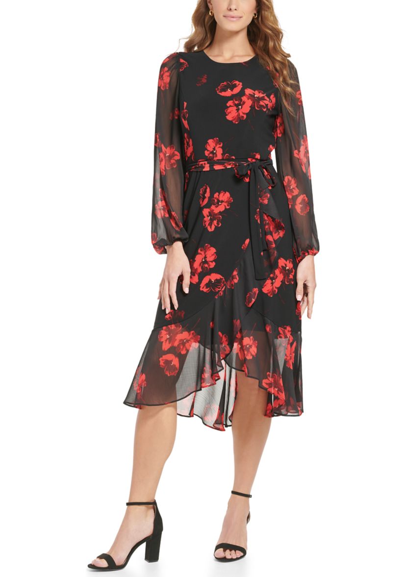 Womens Mixed Media Floral Midi Dress