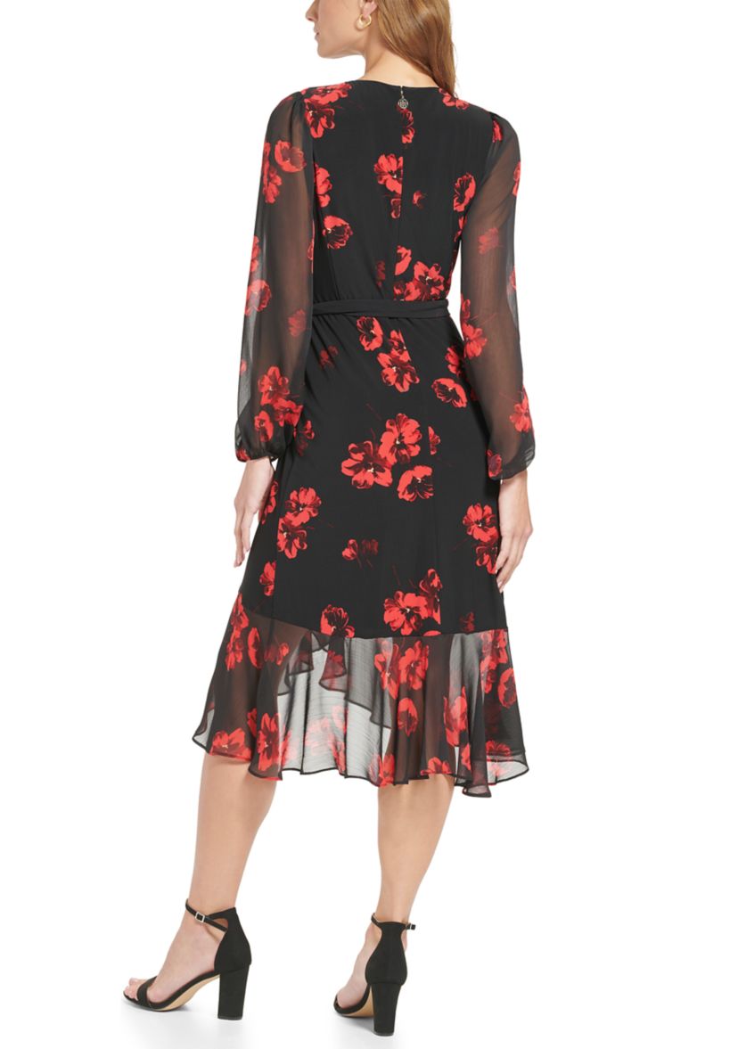 Womens Mixed Media Floral Midi Dress