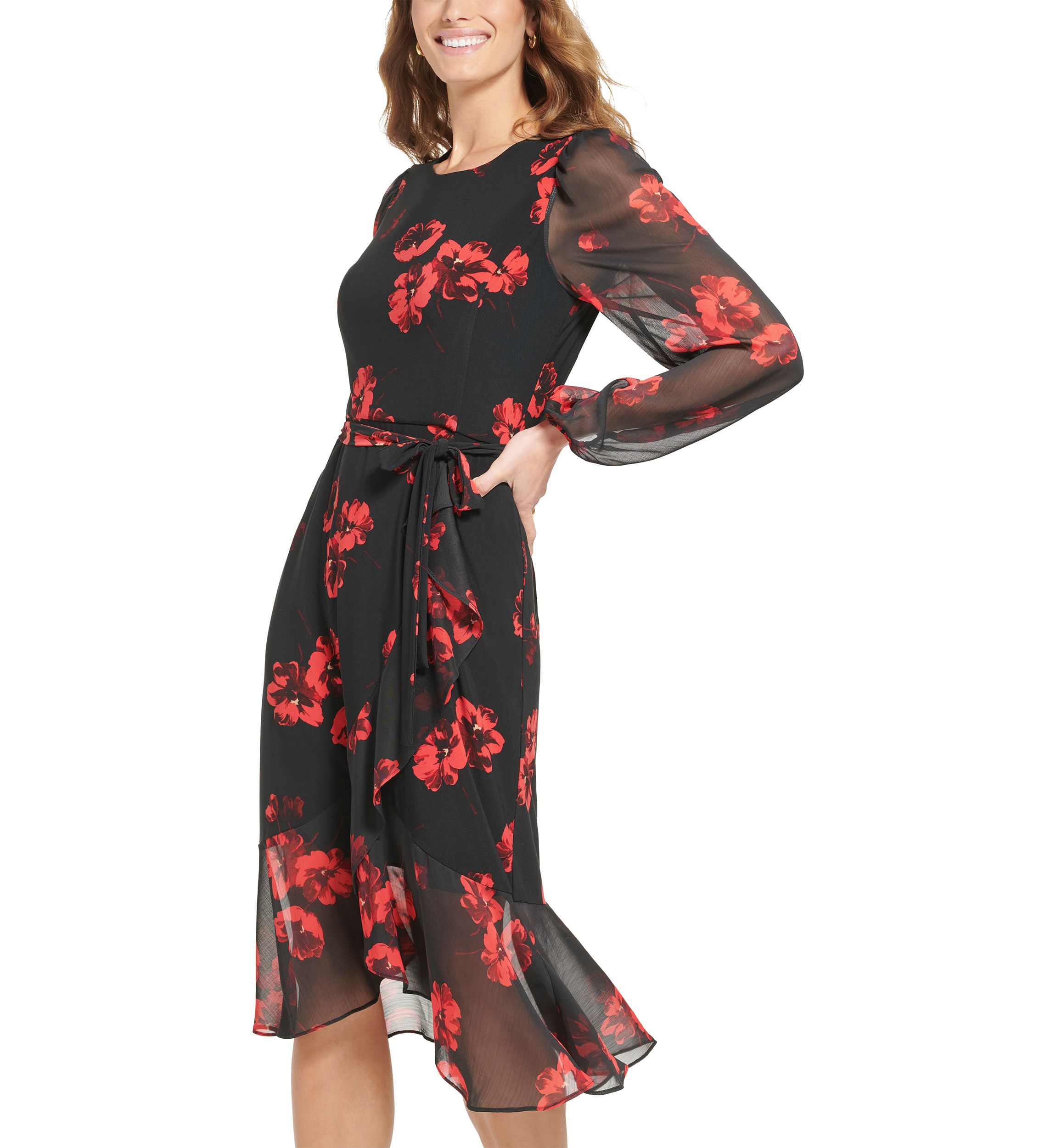 Womens Mixed Media Floral Midi Dress