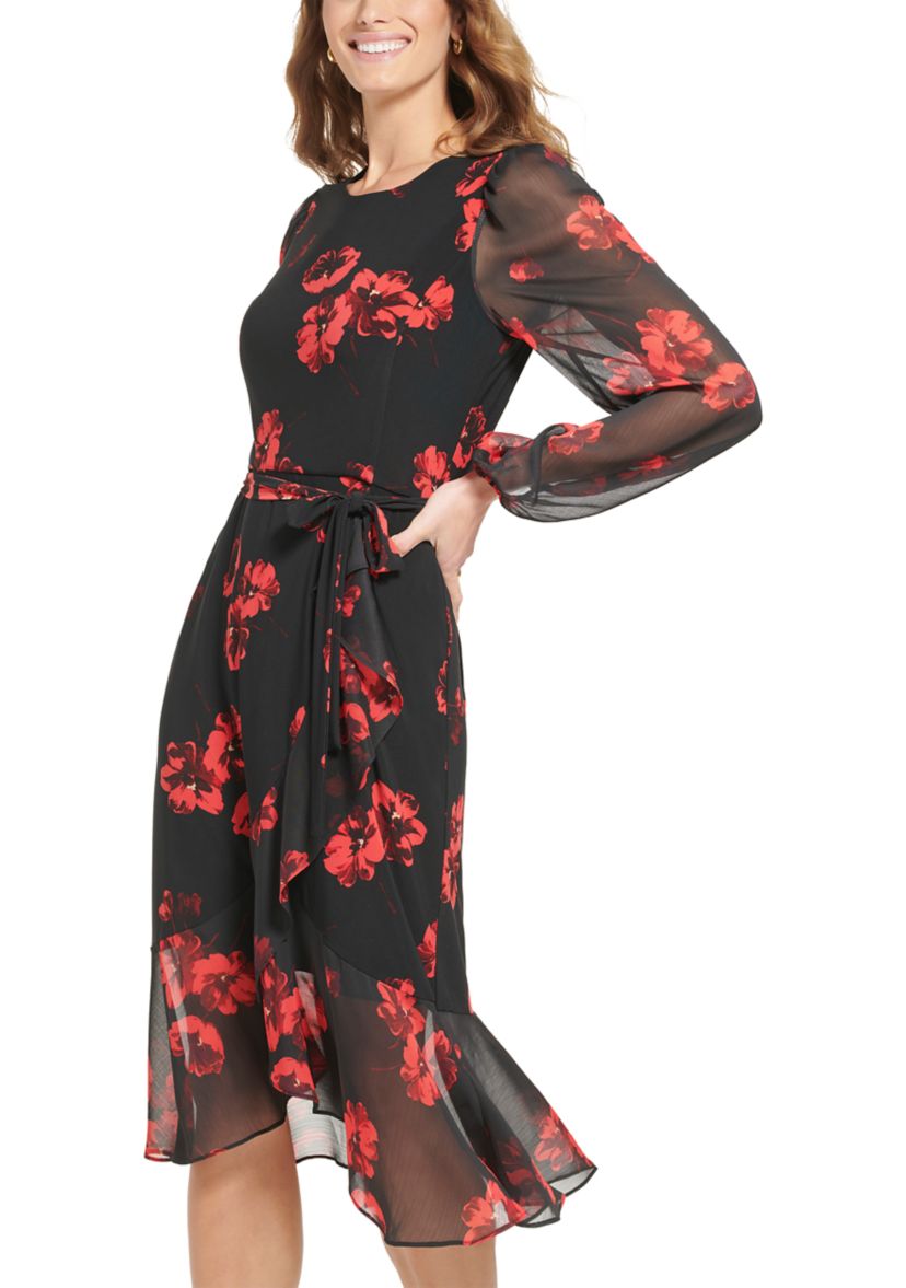 Womens Mixed Media Floral Midi Dress