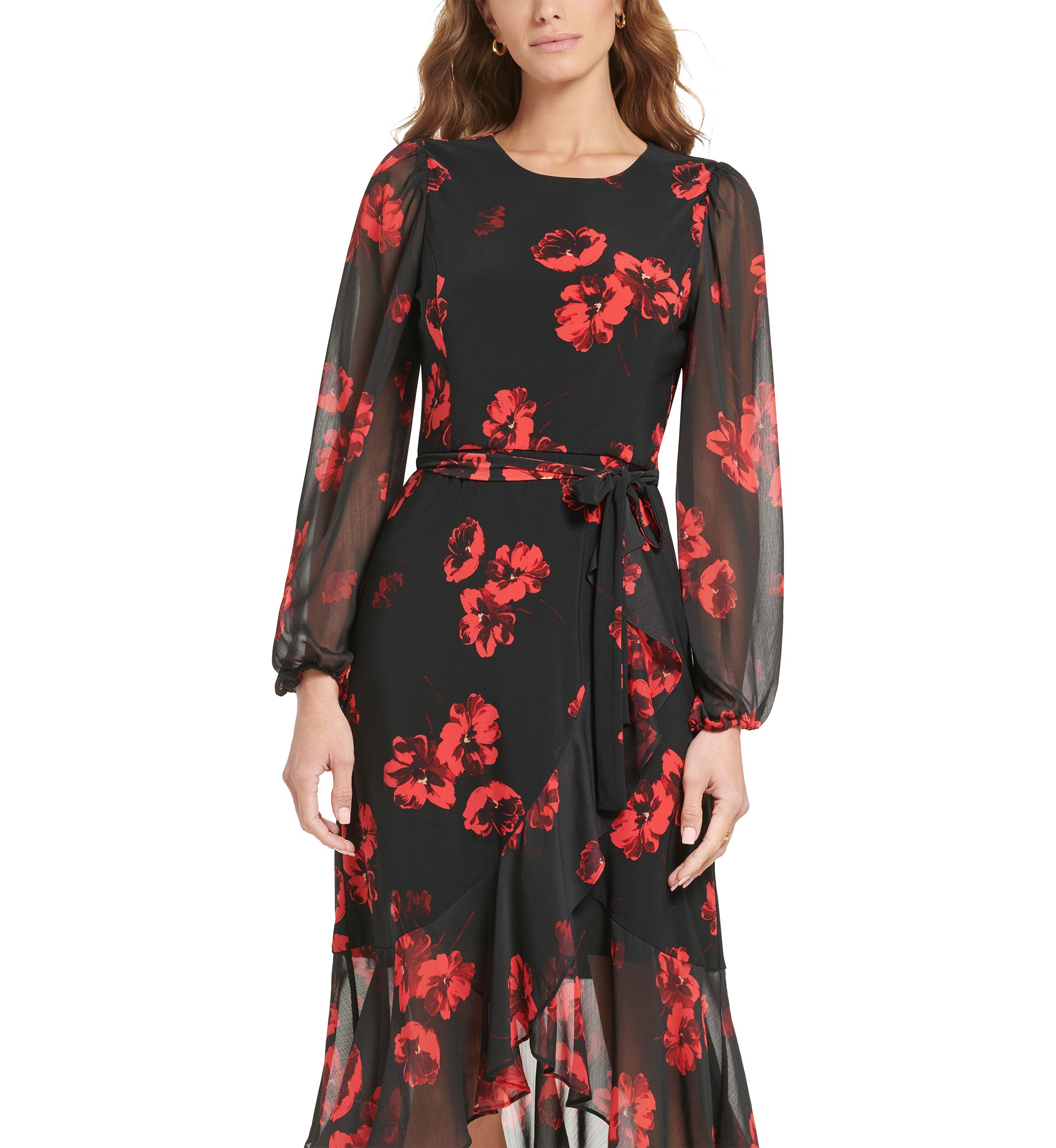 Womens Mixed Media Floral Midi Dress