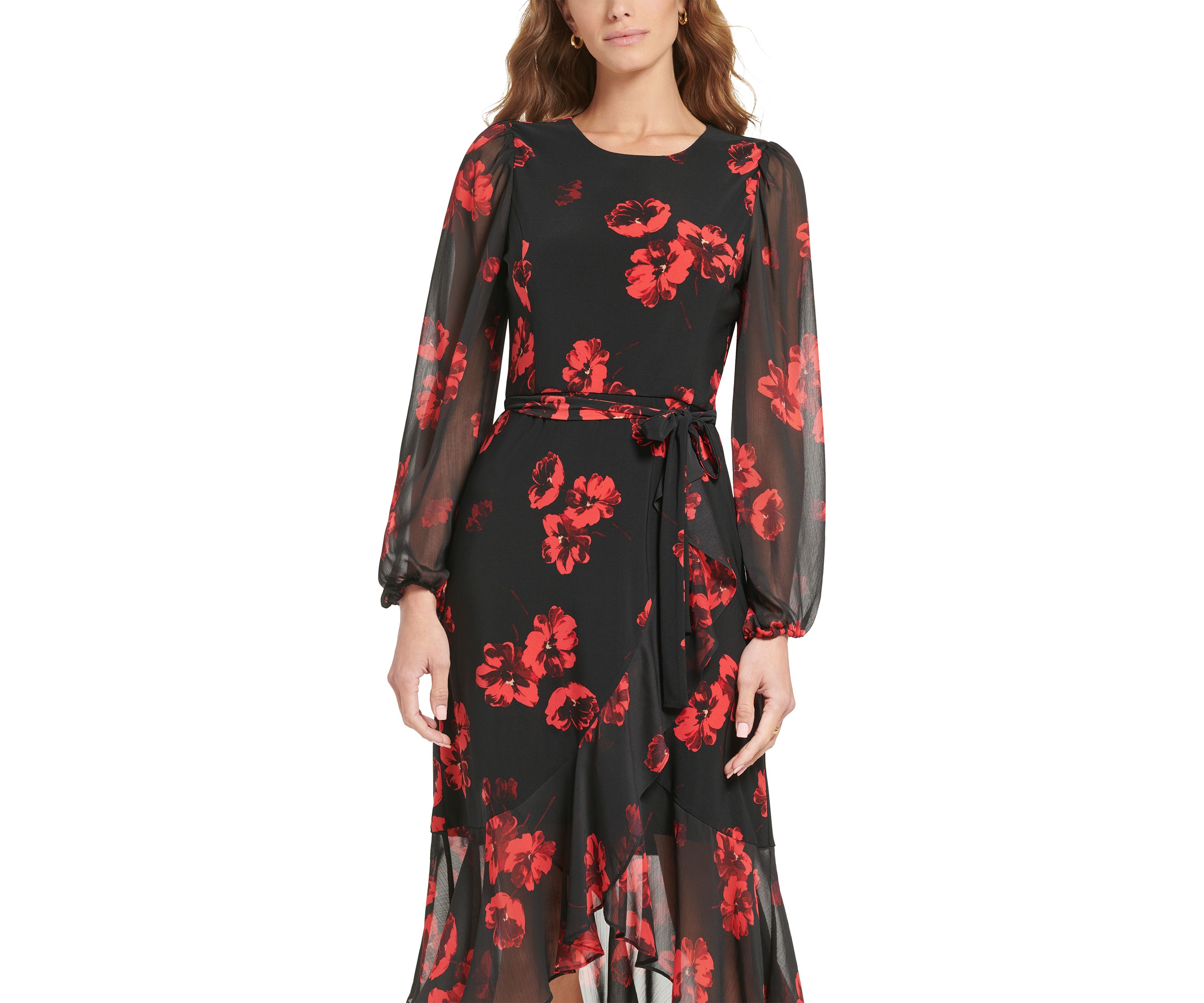 Womens Mixed Media Floral Midi Dress