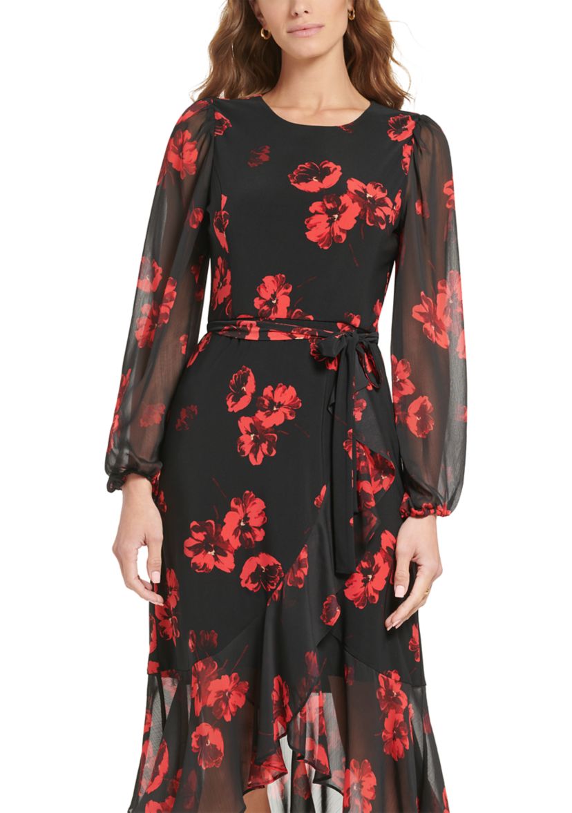 Womens Mixed Media Floral Midi Dress