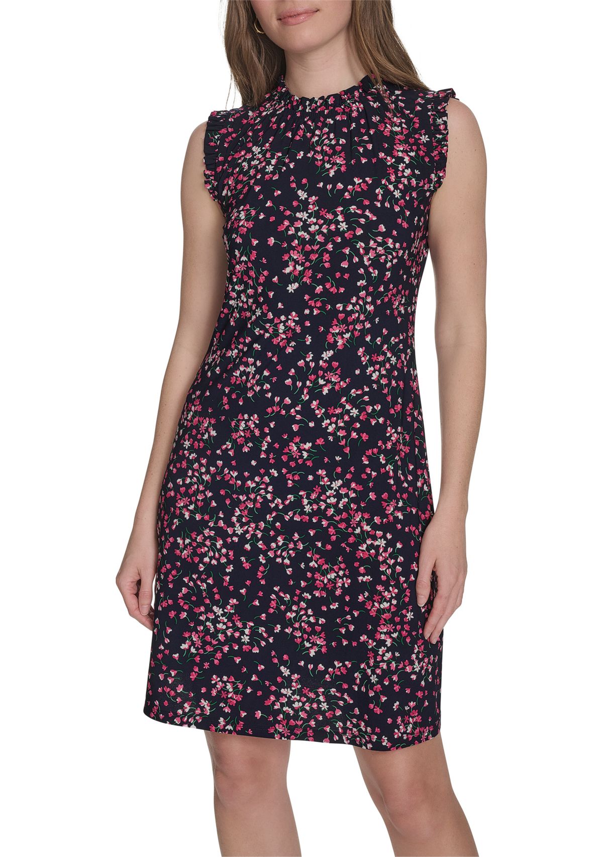 Womens Sleeveless Mini Ruffle Neck Jersey Shift Dress