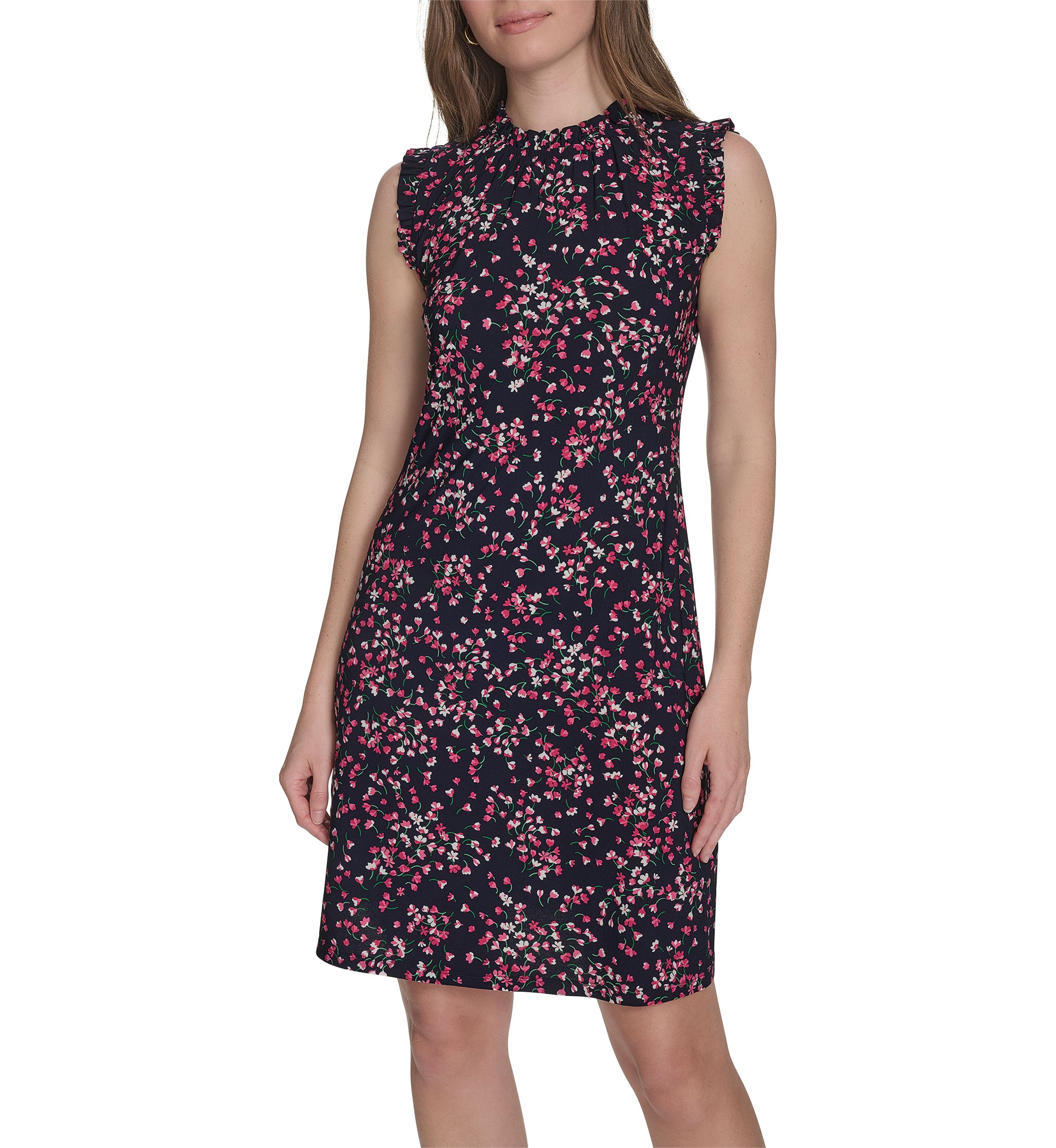 Womens Sleeveless Mini Ruffle Neck Jersey Shift Dress