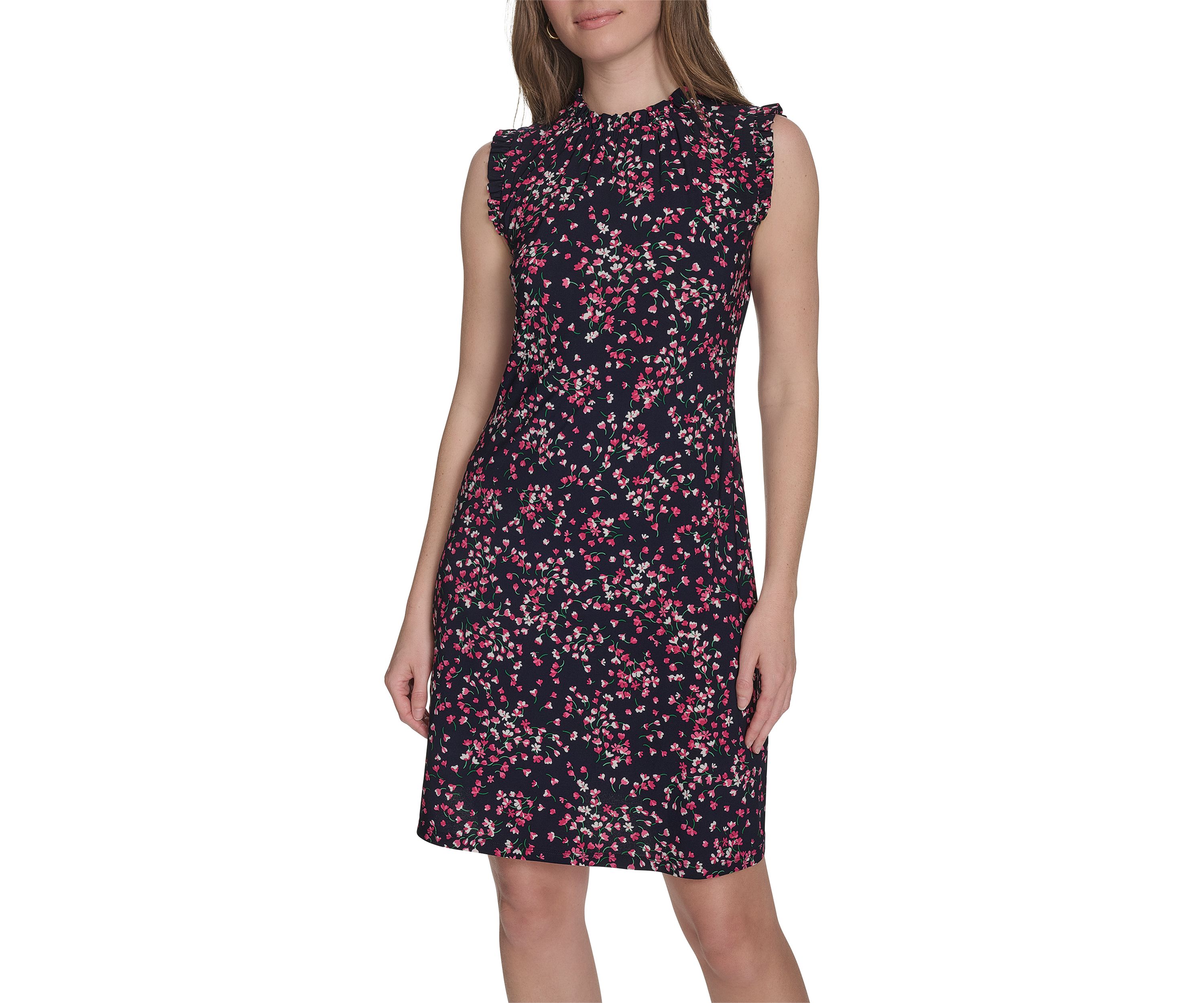Womens Sleeveless Mini Ruffle Neck Jersey Shift Dress