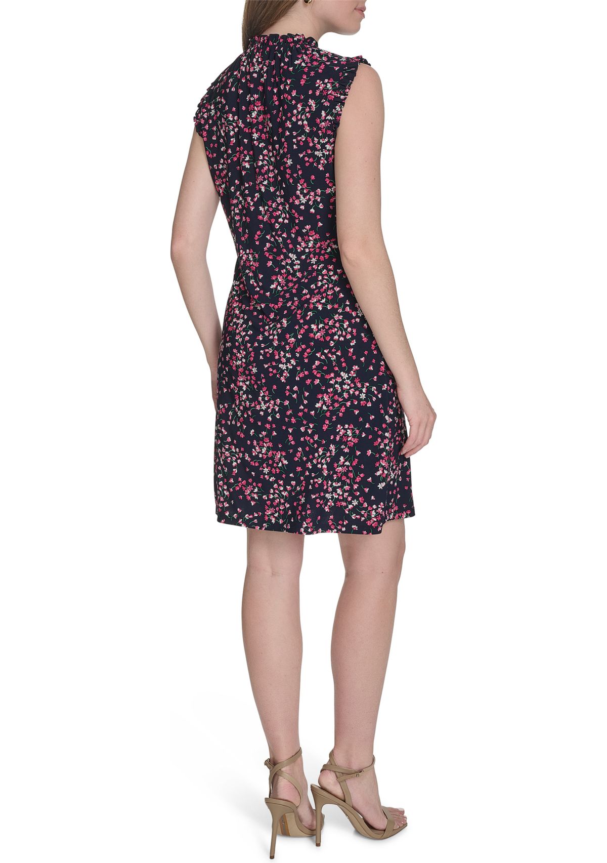 Womens Sleeveless Mini Ruffle Neck Jersey Shift Dress