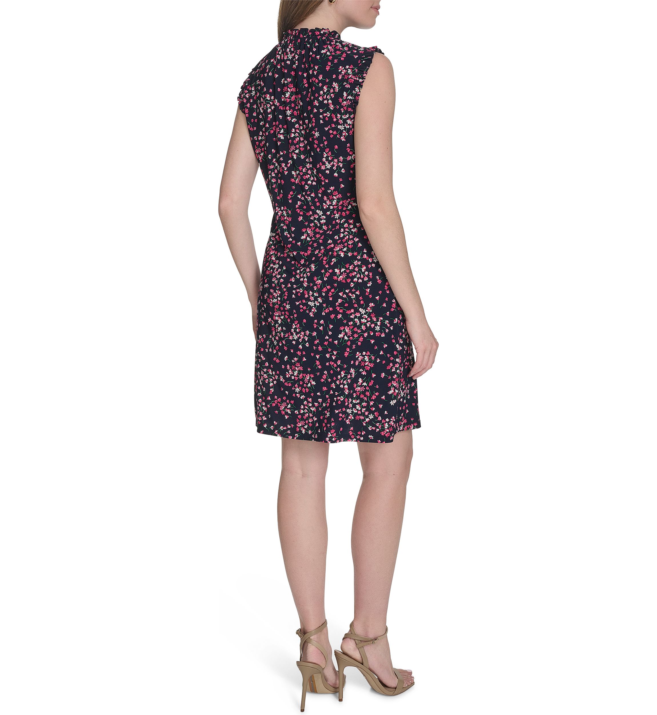 Womens Sleeveless Mini Ruffle Neck Jersey Shift Dress