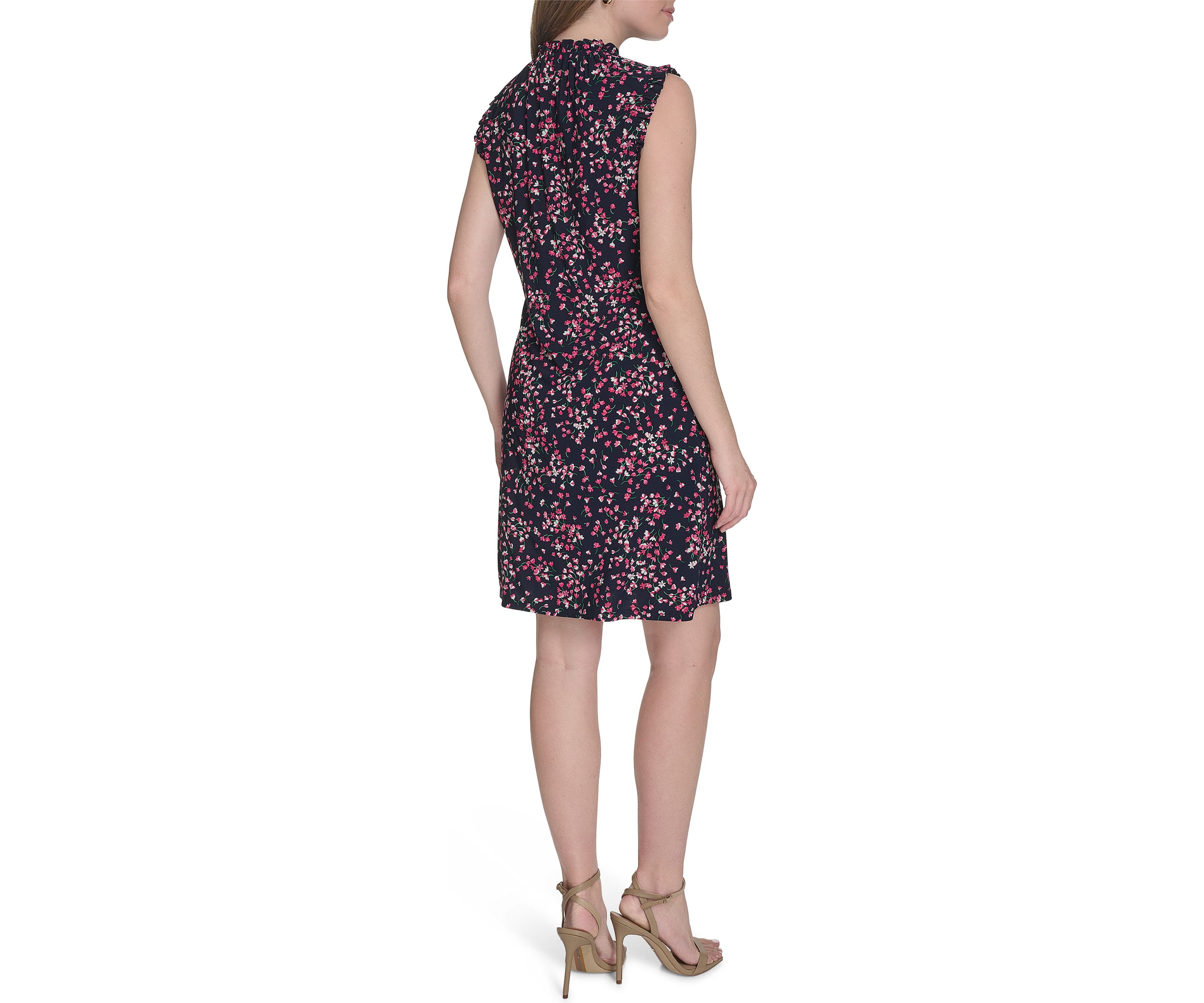 Womens Sleeveless Mini Ruffle Neck Jersey Shift Dress