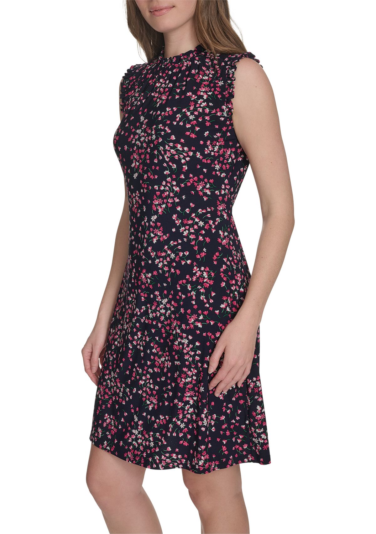 Womens Sleeveless Mini Ruffle Neck Jersey Shift Dress