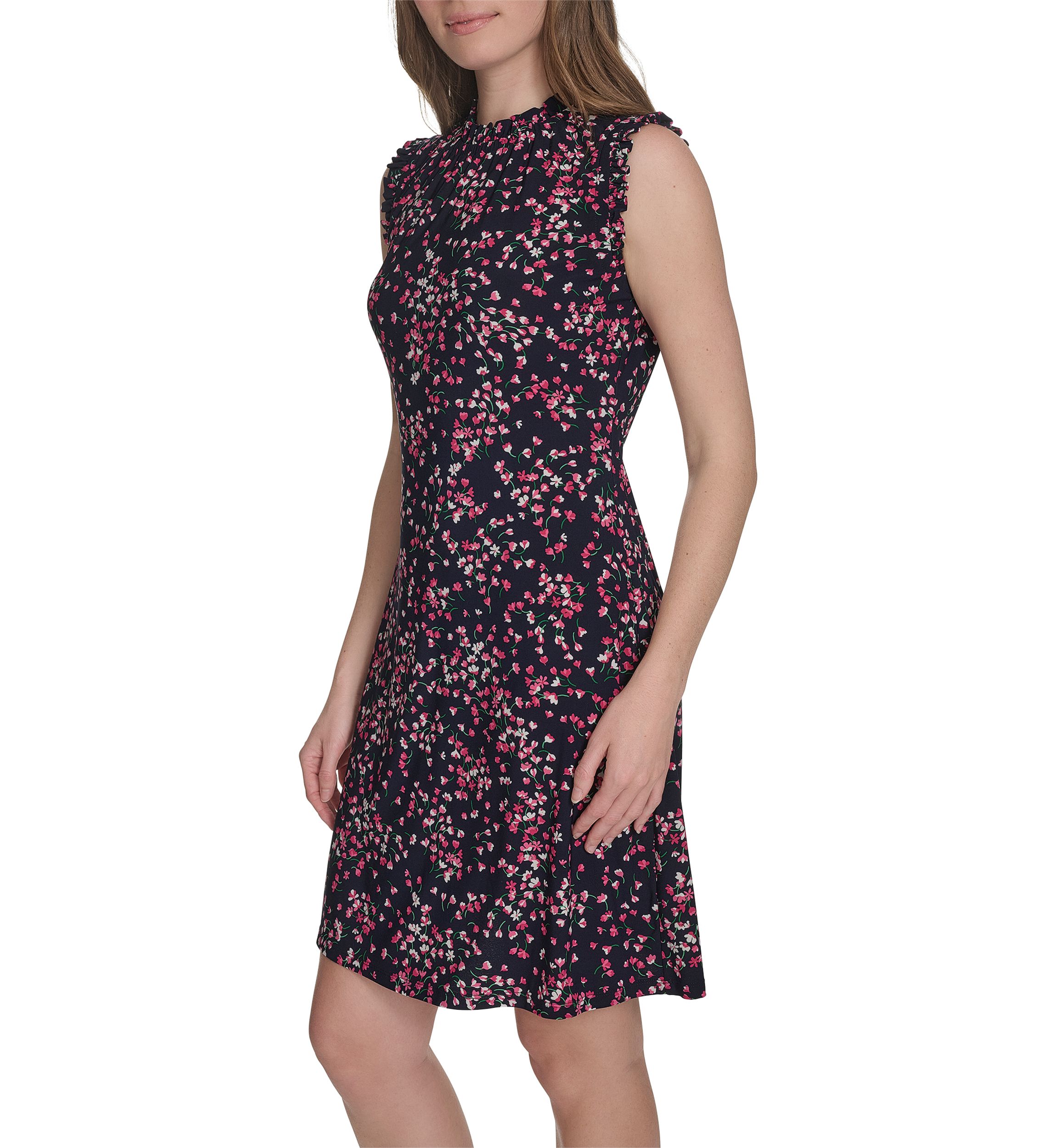 Womens Sleeveless Mini Ruffle Neck Jersey Shift Dress