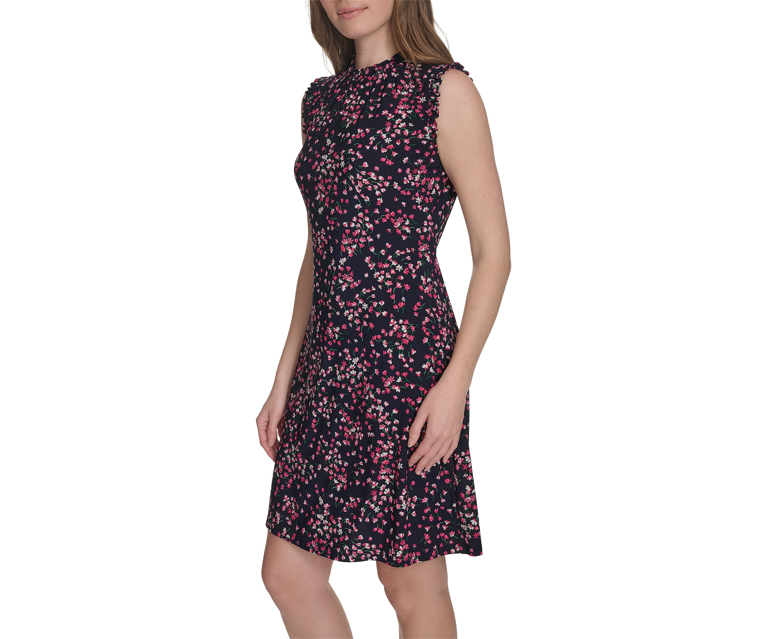 Womens Sleeveless Mini Ruffle Neck Jersey Shift Dress