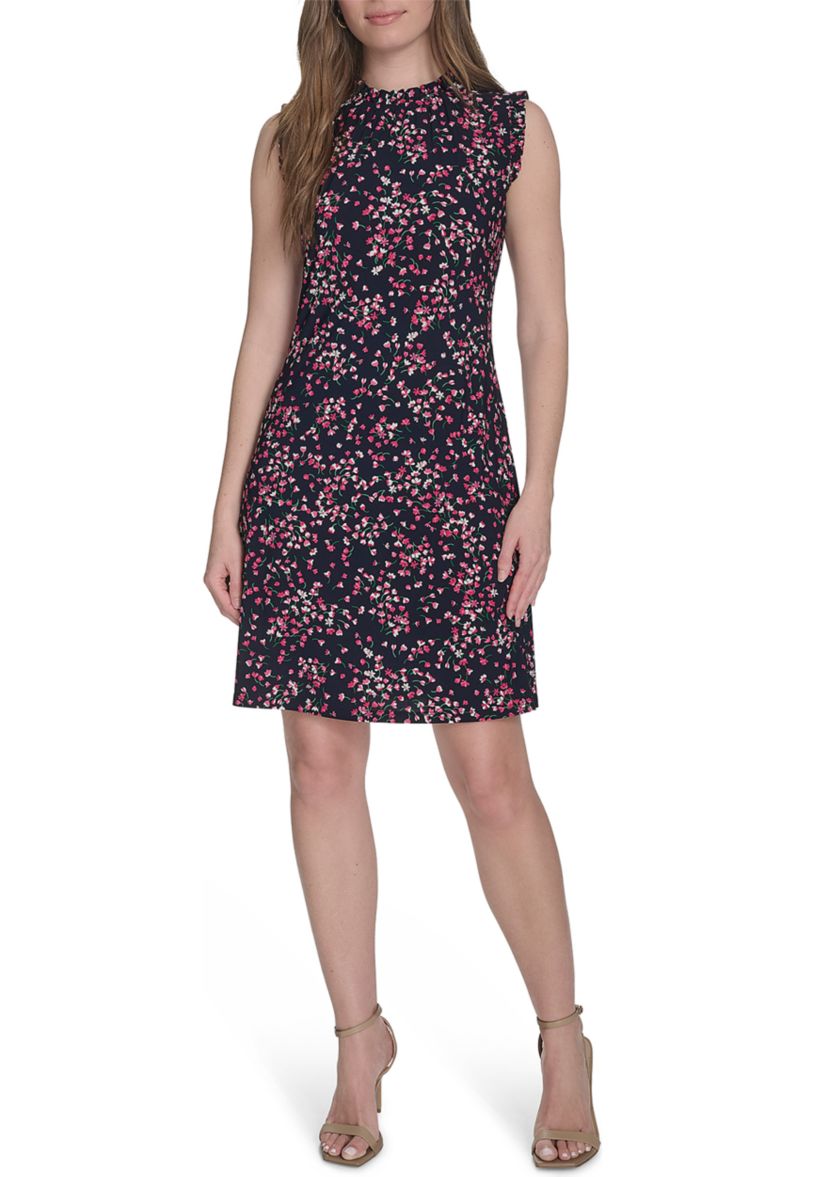 Womens Sleeveless Mini Ruffle Neck Jersey Shift Dress