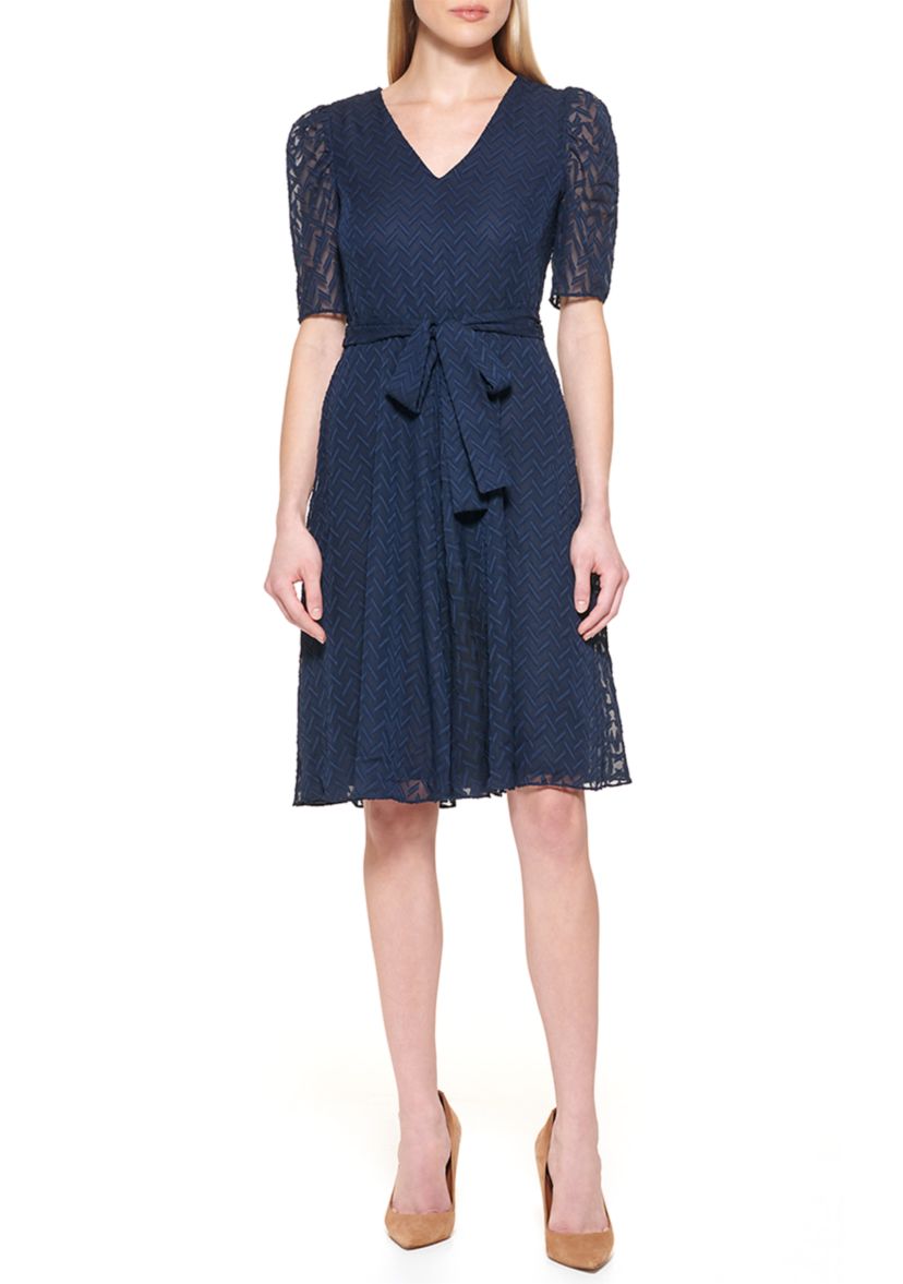 Womens Short Puff Sleeve Solid Chiffon Fit and Flare Dress