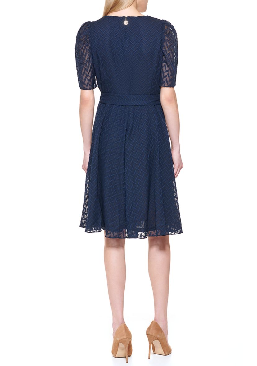 Womens Short Puff Sleeve Solid Chiffon Fit and Flare Dress