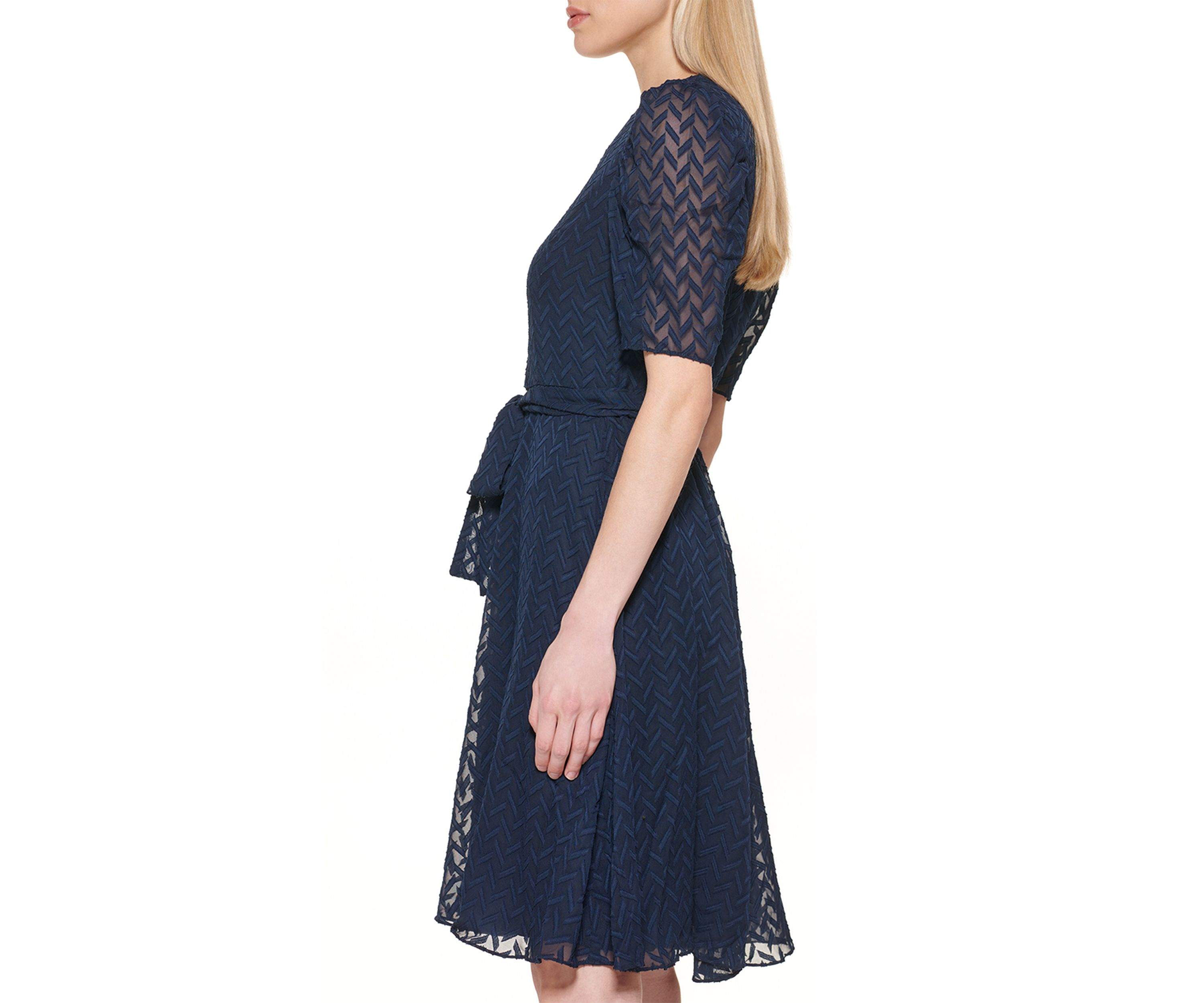 Womens Short Puff Sleeve Solid Chiffon Fit and Flare Dress