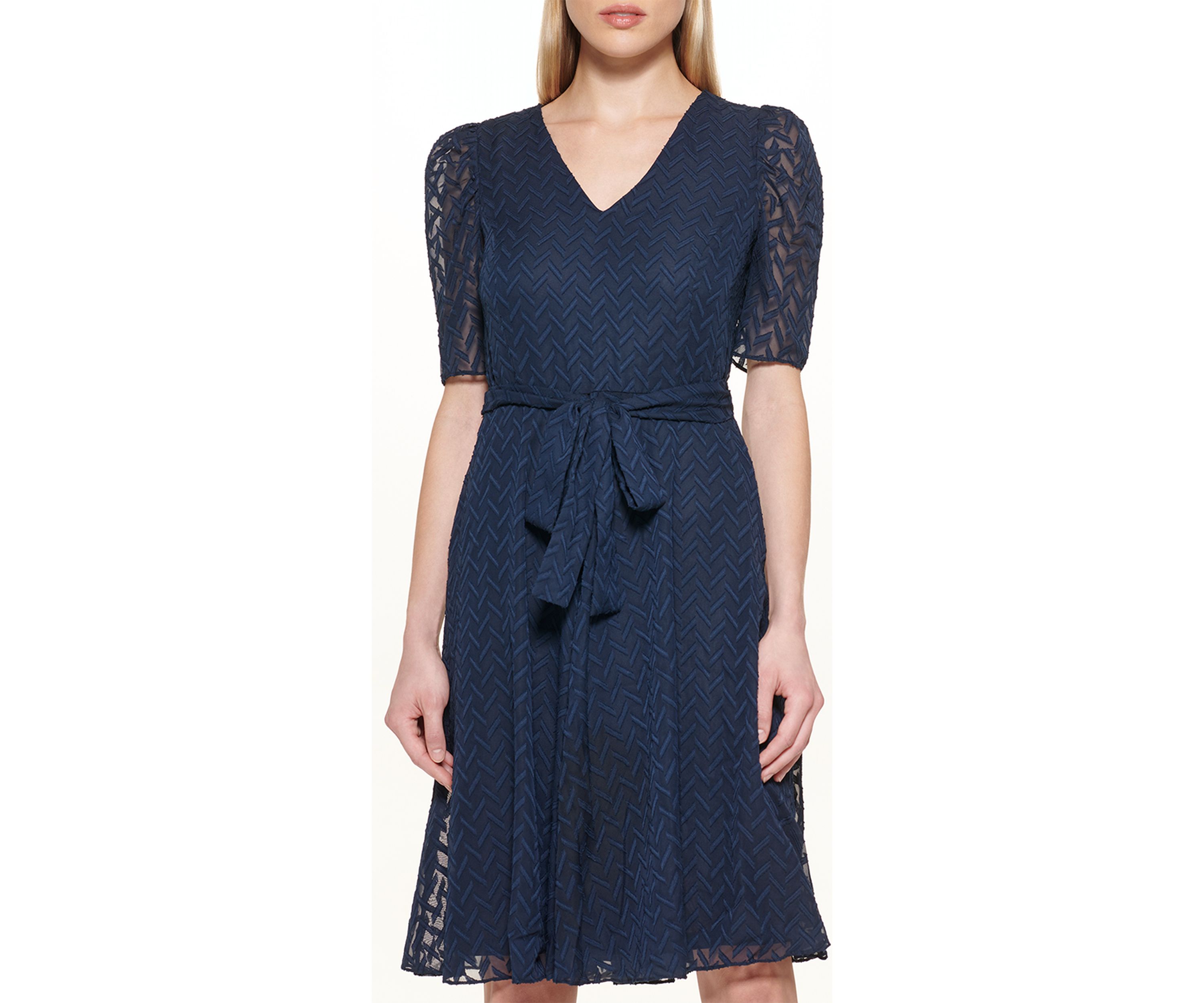 Womens Short Puff Sleeve Solid Chiffon Fit and Flare Dress