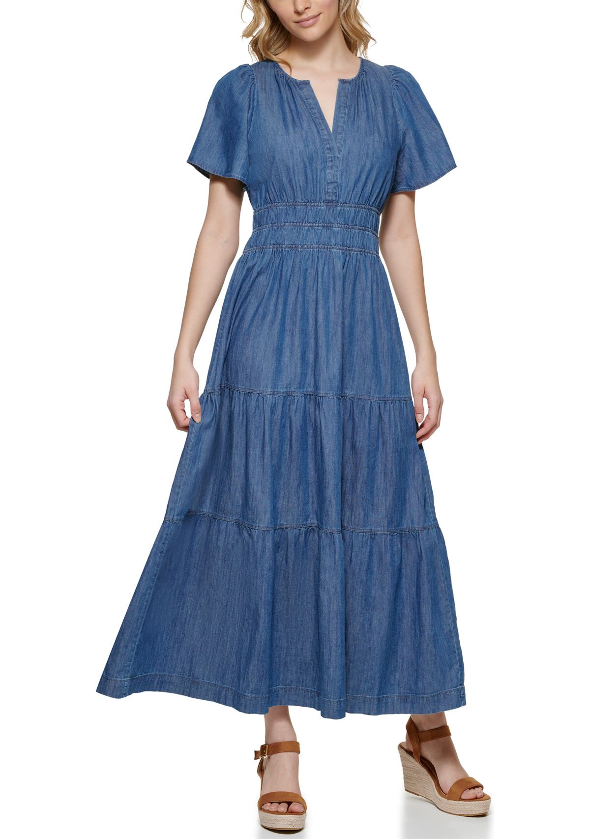 Womens Short Flare Sleeve Ruched Waist Tiered Maxi Dress