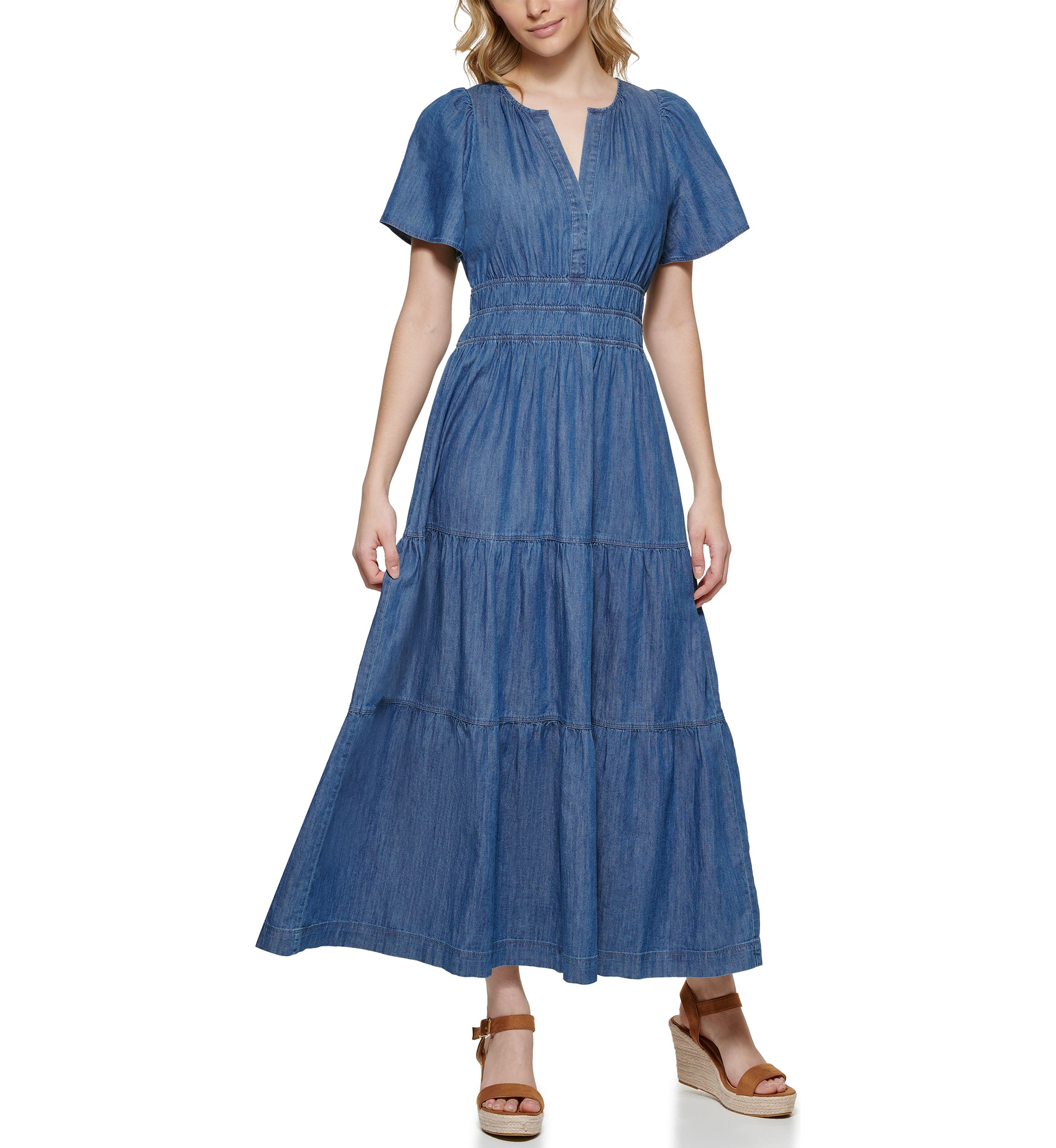 Womens Short Flare Sleeve Ruched Waist Tiered Maxi Dress