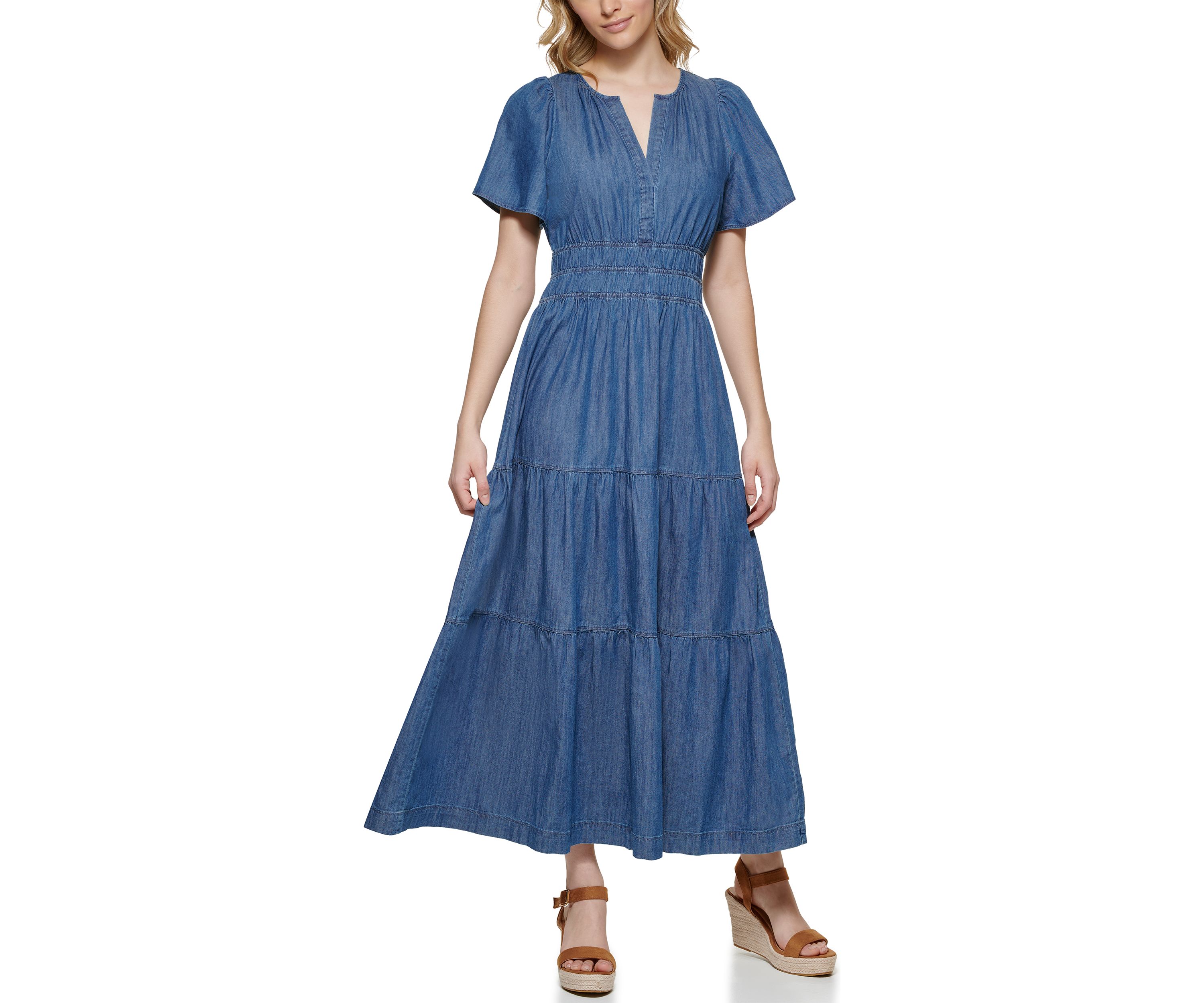 Womens Short Flare Sleeve Ruched Waist Tiered Maxi Dress