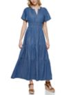 tommy hilfiger women's tiered split neck short sleeve dress CeCe Women's Short-Sleeve Split Neck Ruffle Tiered Dress - Ultra White