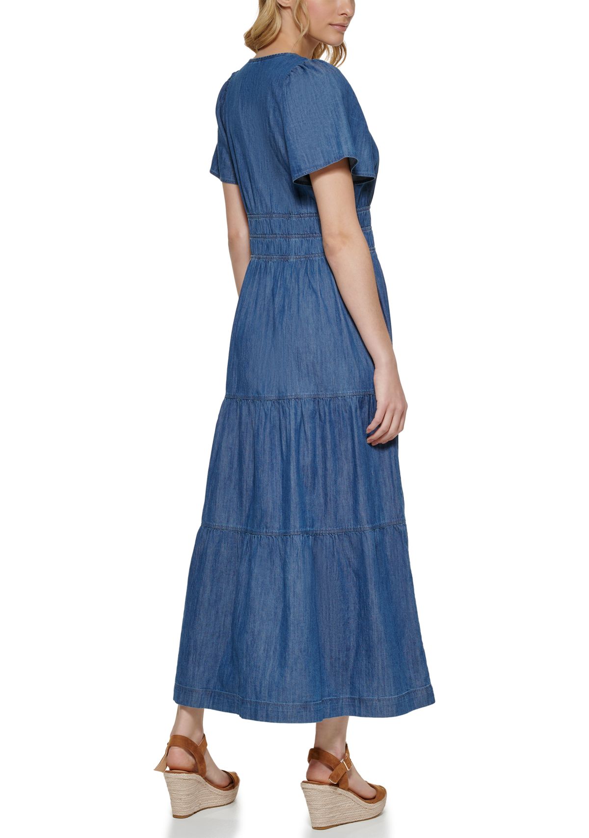 Womens Short Flare Sleeve Ruched Waist Tiered Maxi Dress