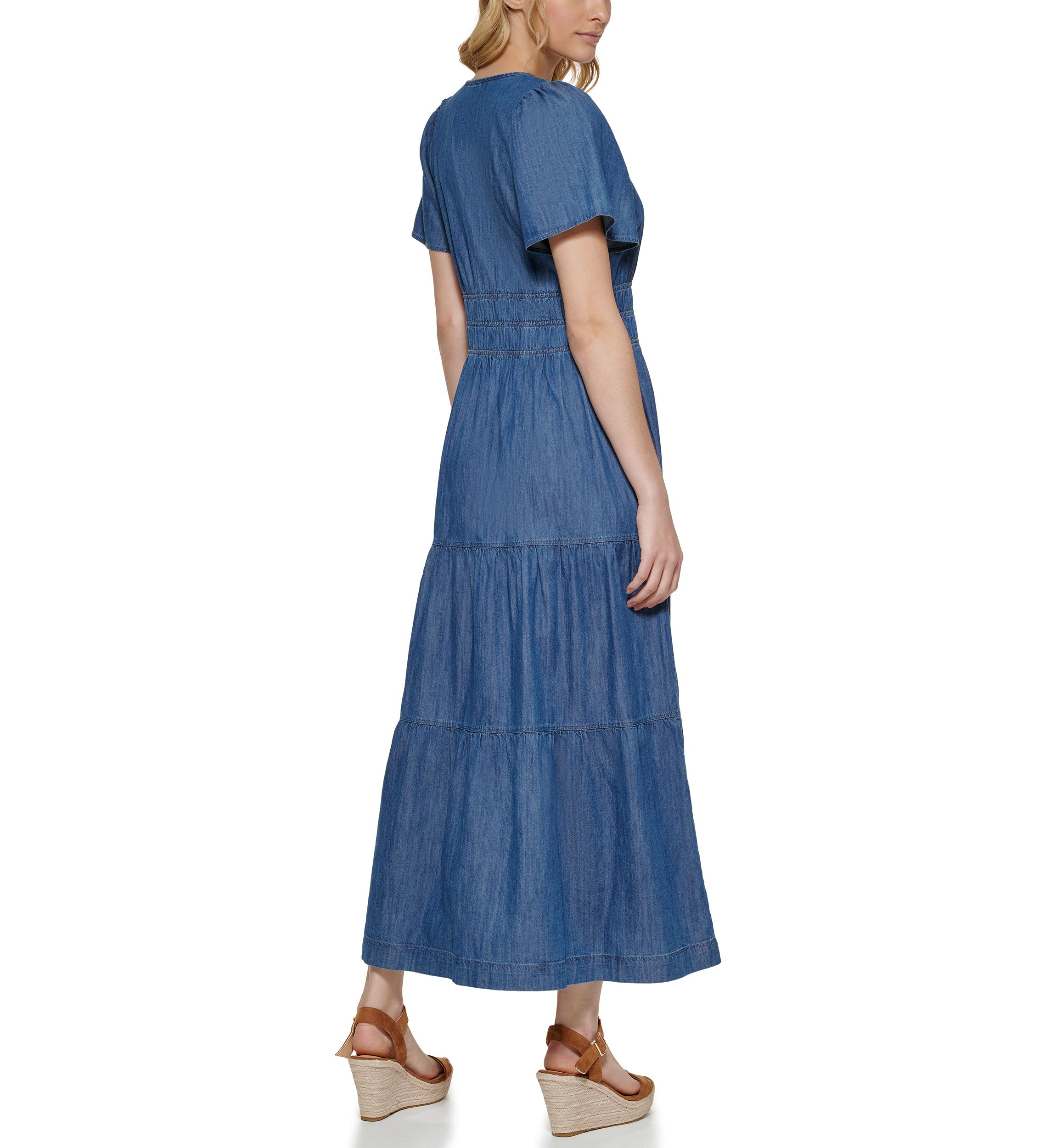 Womens Short Flare Sleeve Ruched Waist Tiered Maxi Dress