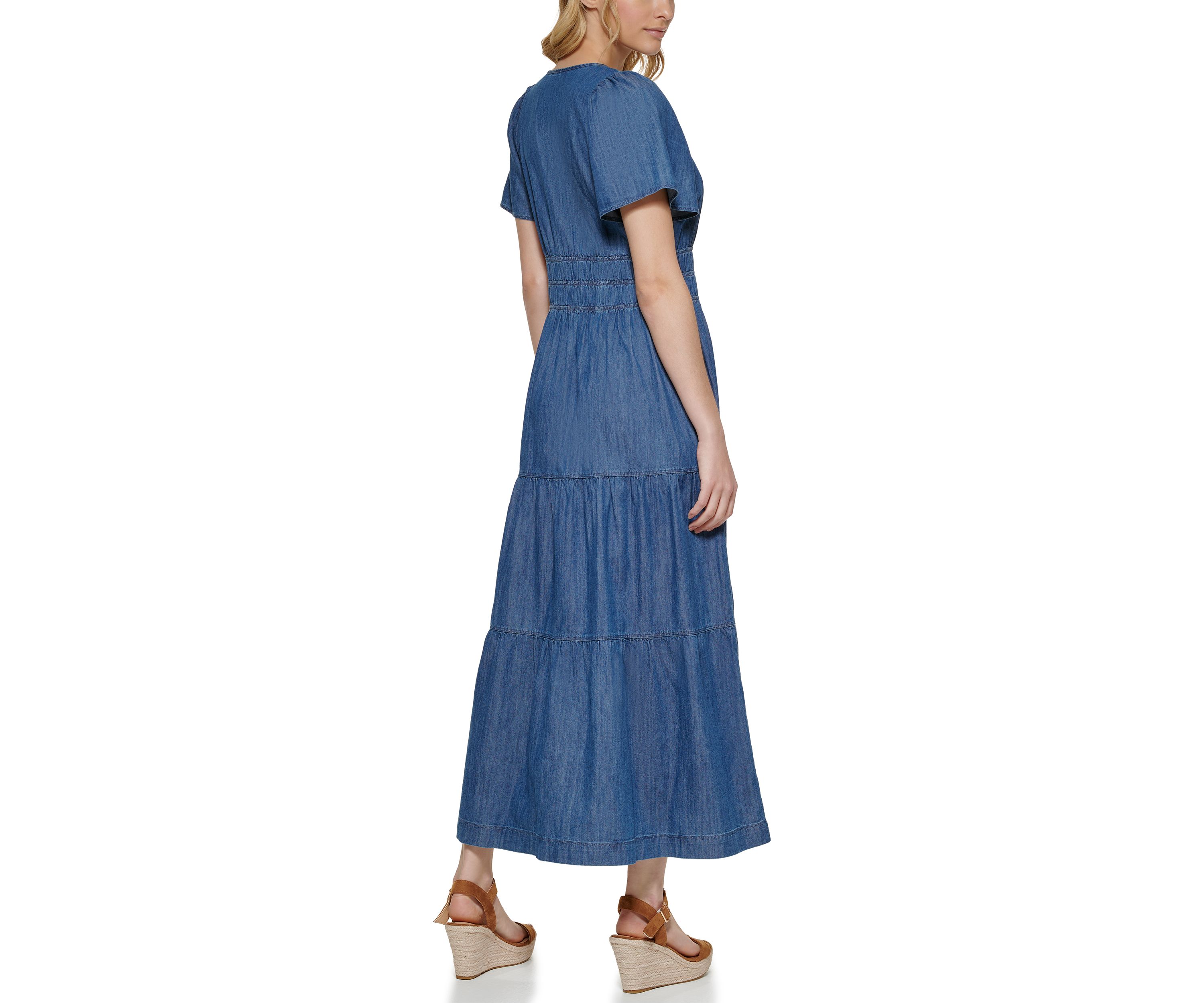 Womens Short Flare Sleeve Ruched Waist Tiered Maxi Dress