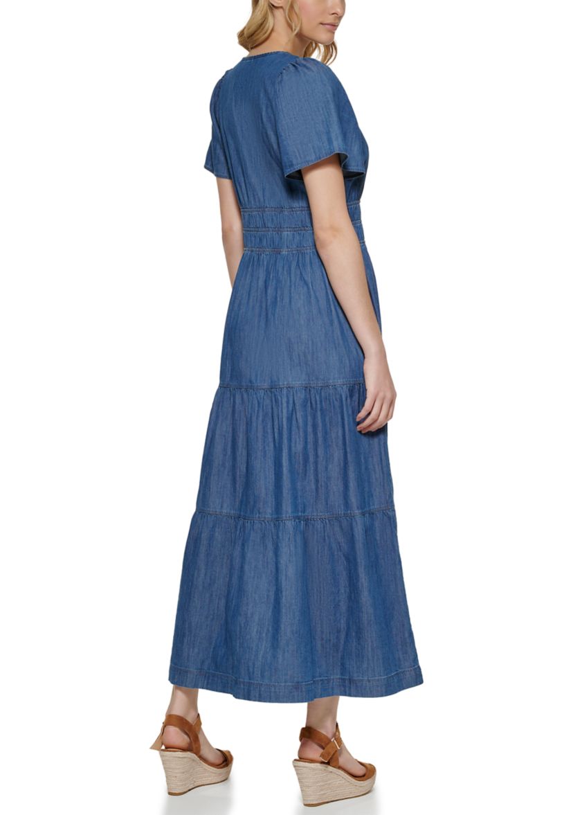 Womens Short Flare Sleeve Ruched Waist Tiered Maxi Dress