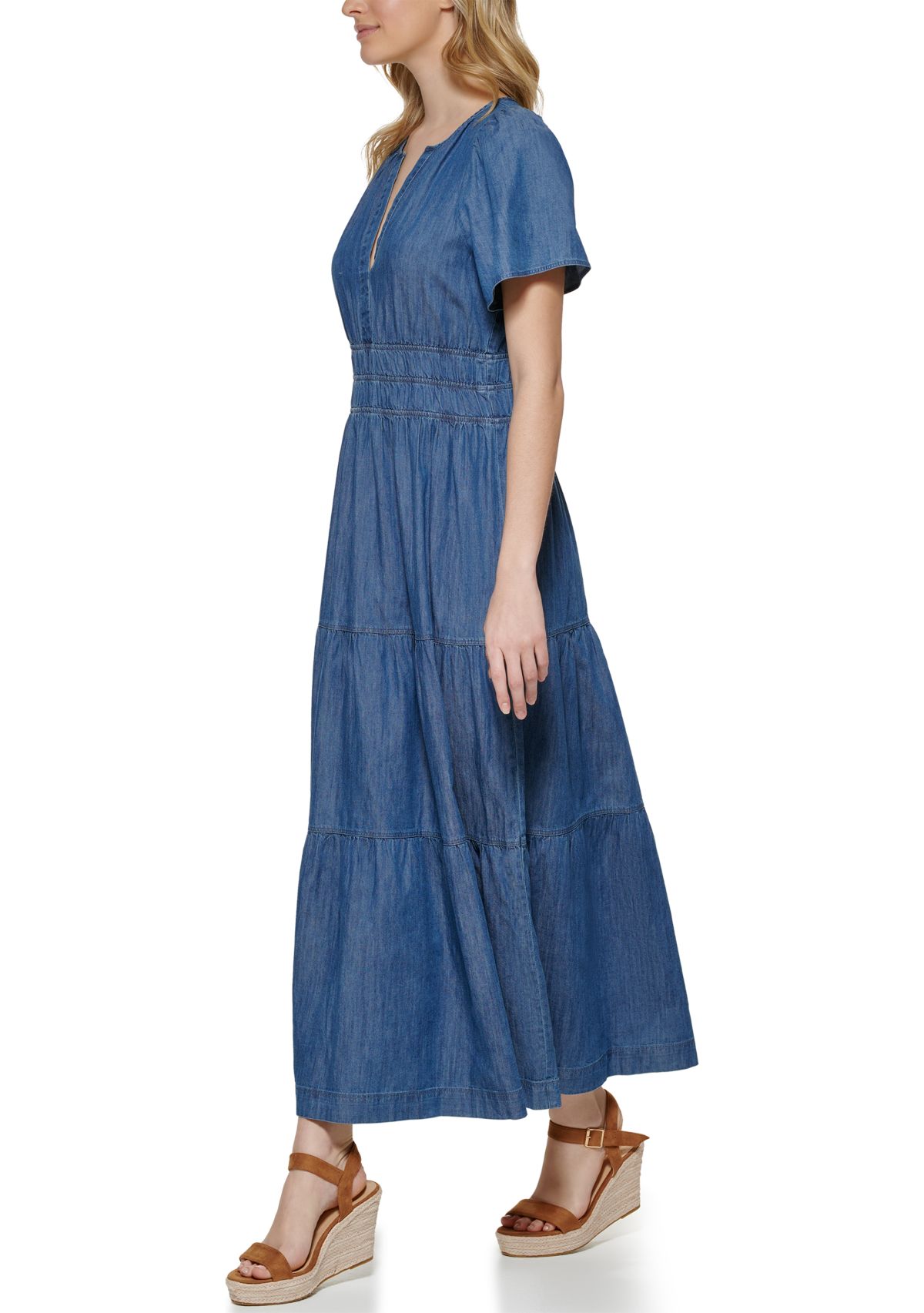 Womens Short Flare Sleeve Ruched Waist Tiered Maxi Dress