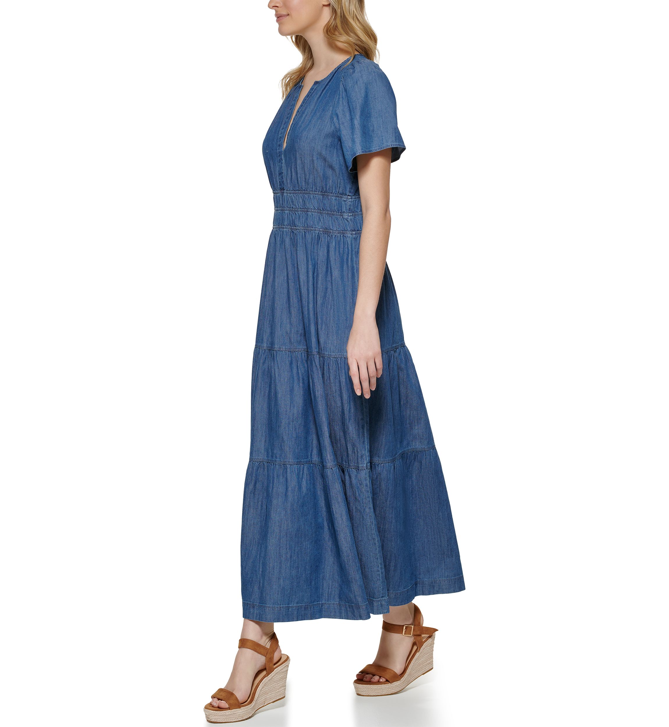Womens Short Flare Sleeve Ruched Waist Tiered Maxi Dress