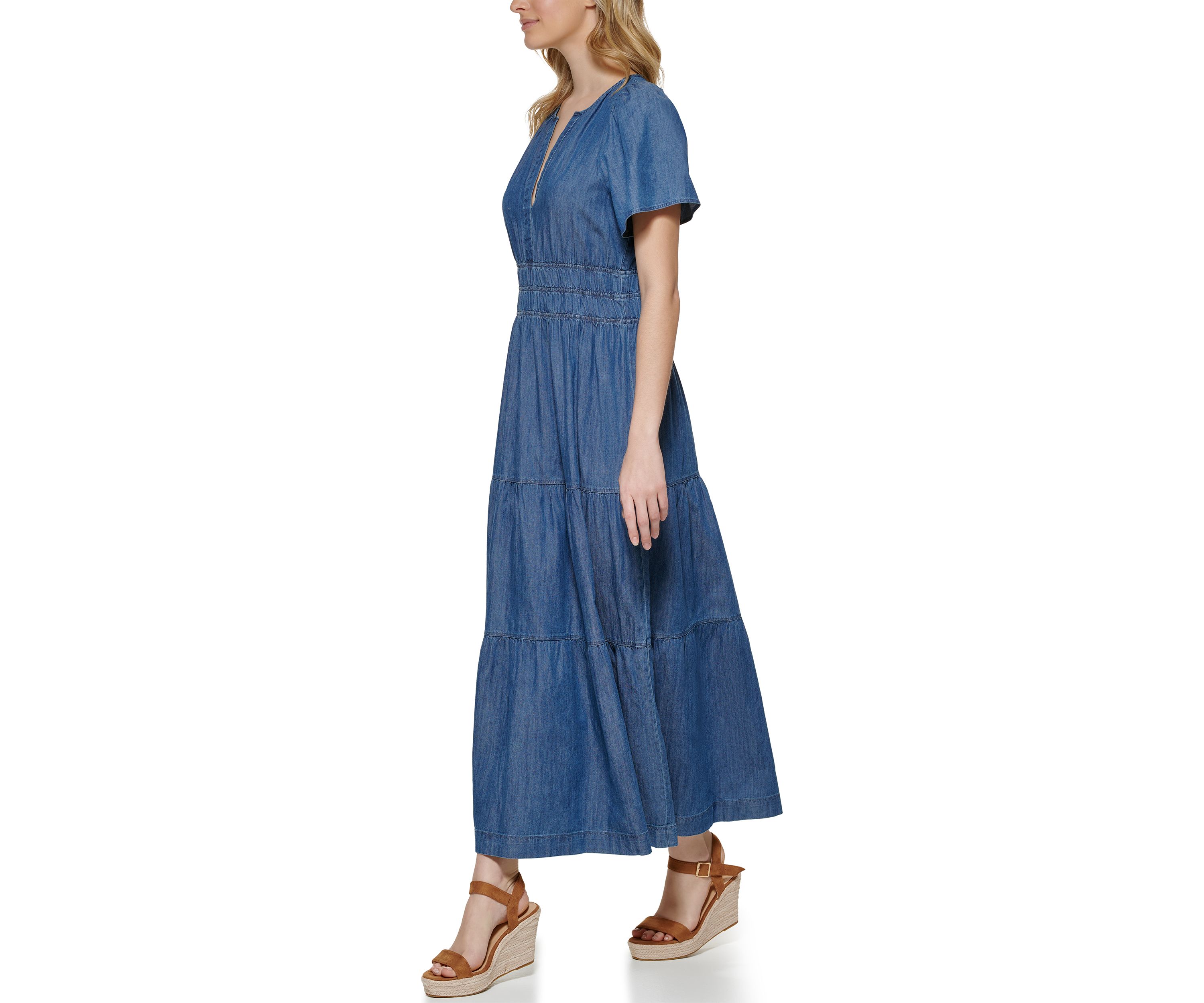 Womens Short Flare Sleeve Ruched Waist Tiered Maxi Dress
