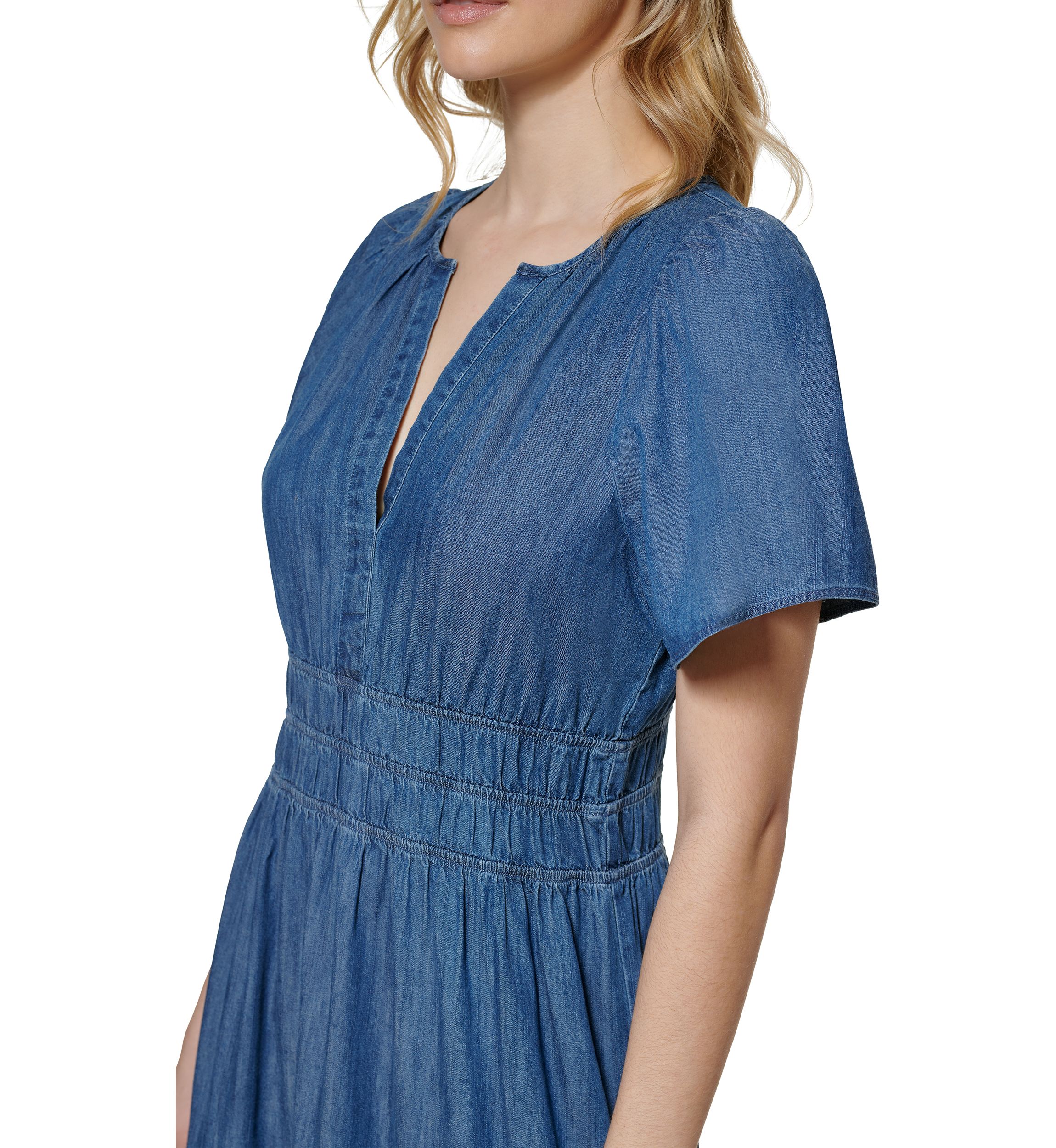 Womens Short Flare Sleeve Ruched Waist Tiered Maxi Dress