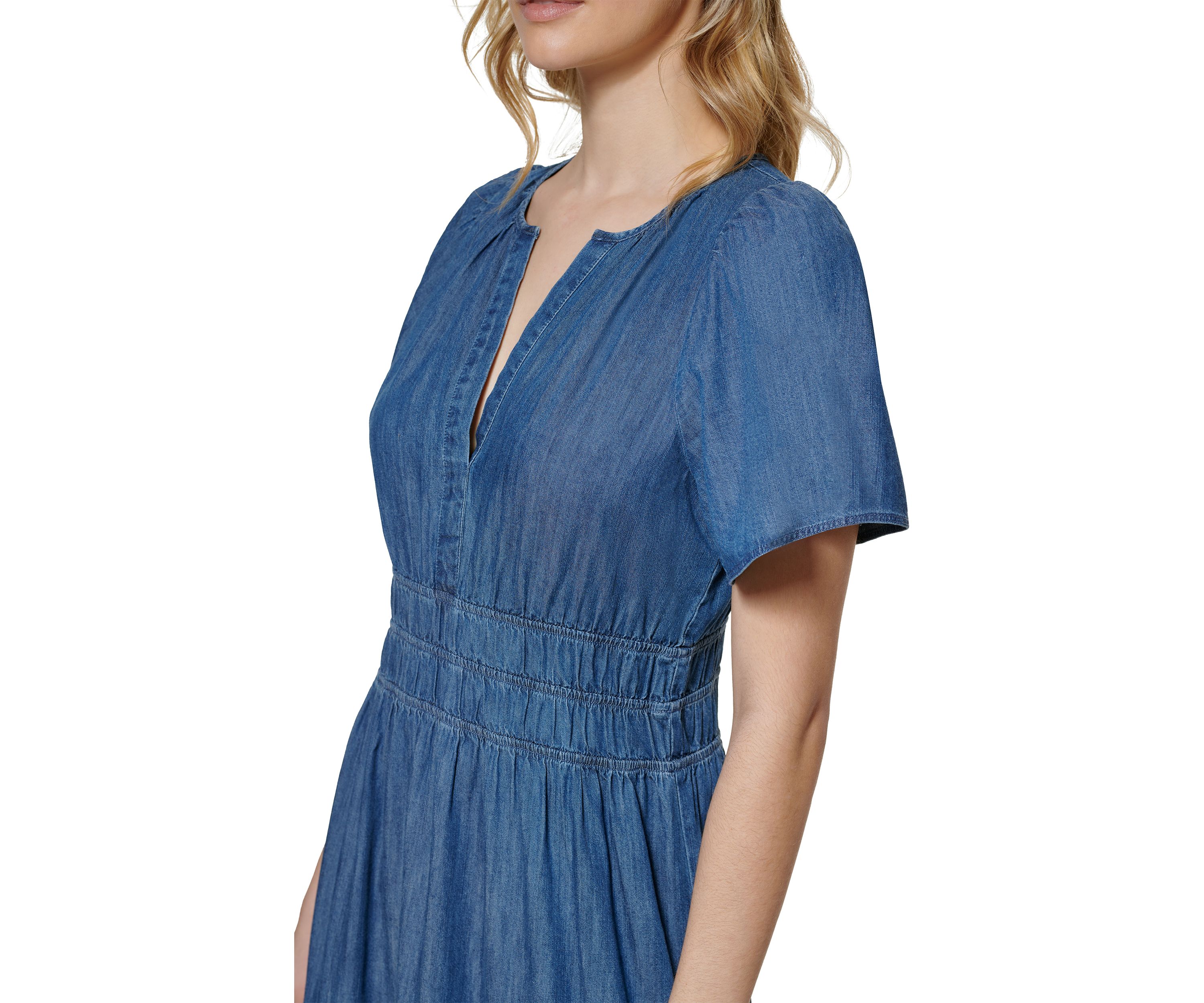 Womens Short Flare Sleeve Ruched Waist Tiered Maxi Dress
