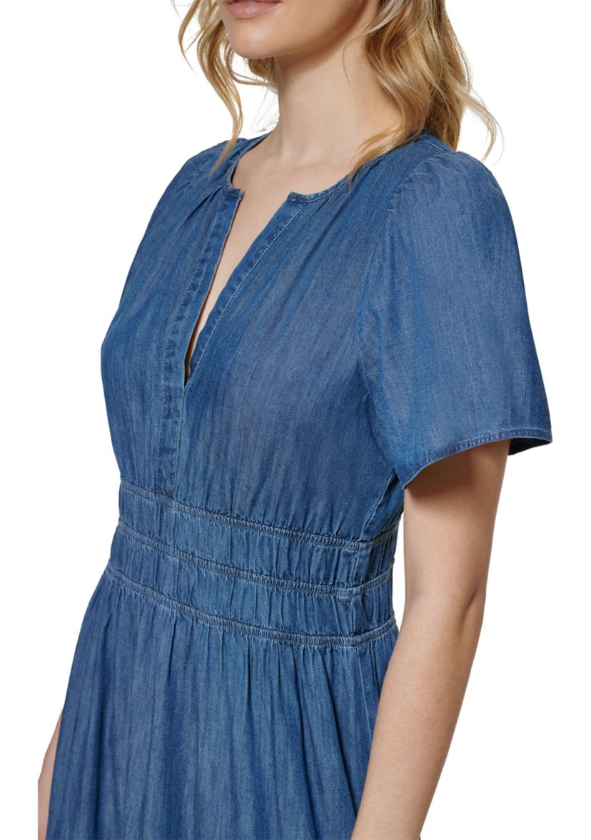 Womens Short Flare Sleeve Ruched Waist Tiered Maxi Dress