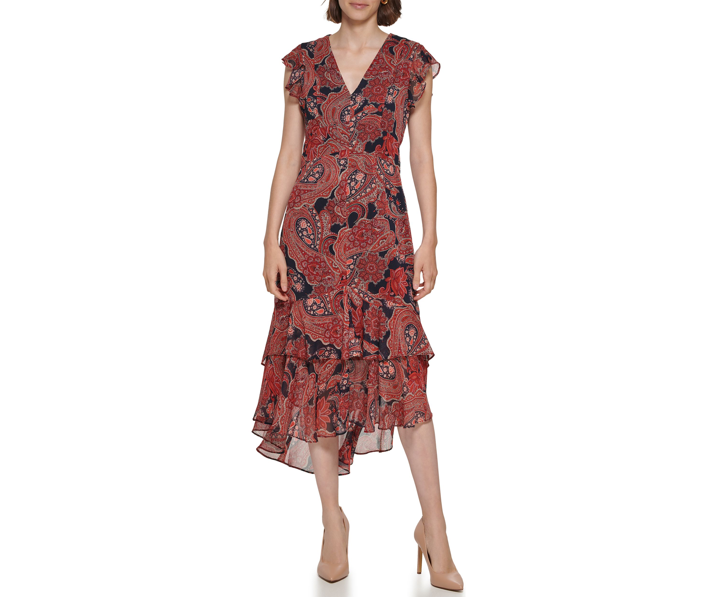 Womens Short Flutter Sleeve V-Neck Printed Fit and Flare Dress