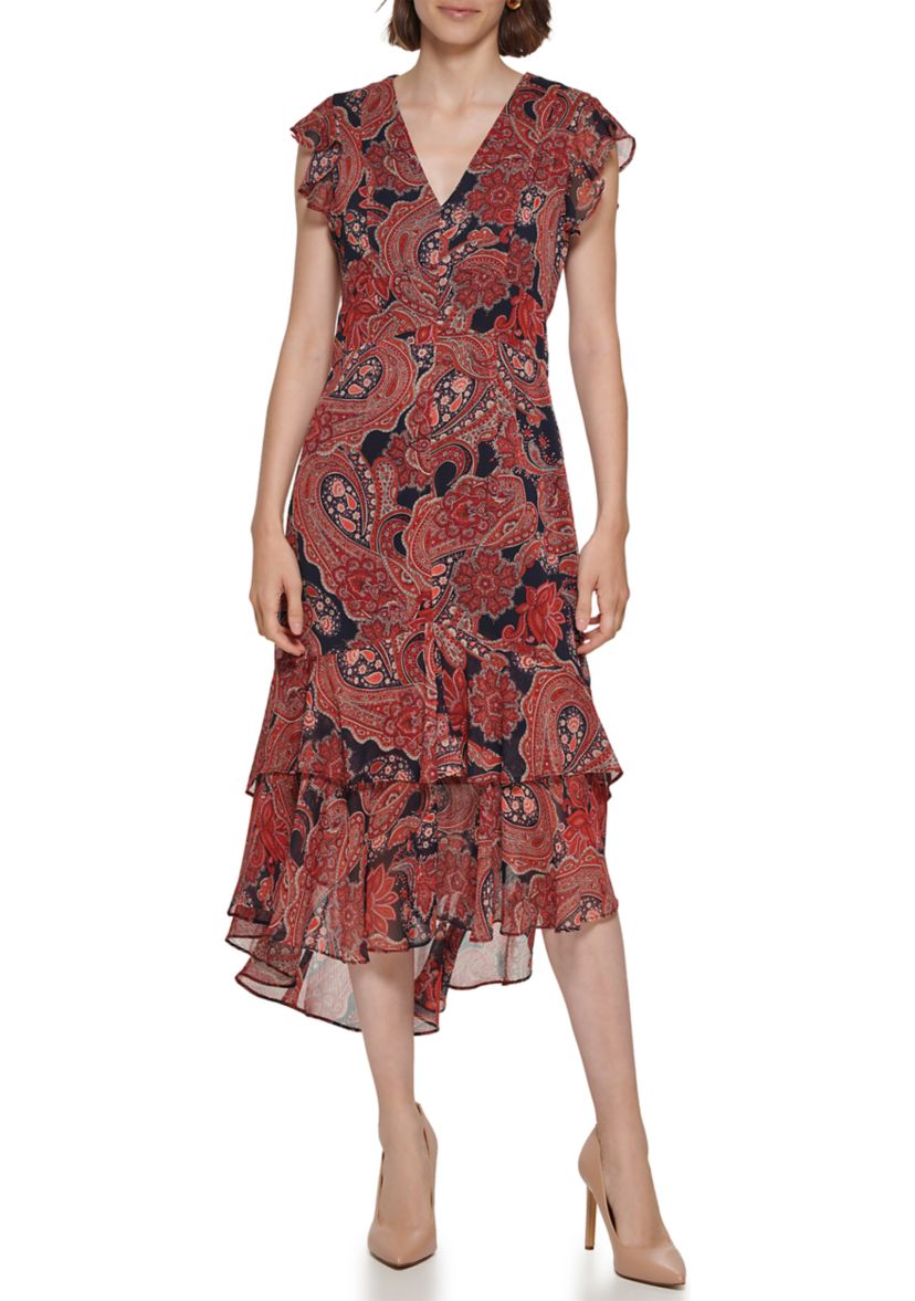 Womens Short Flutter Sleeve V-Neck Printed Fit and Flare Dress