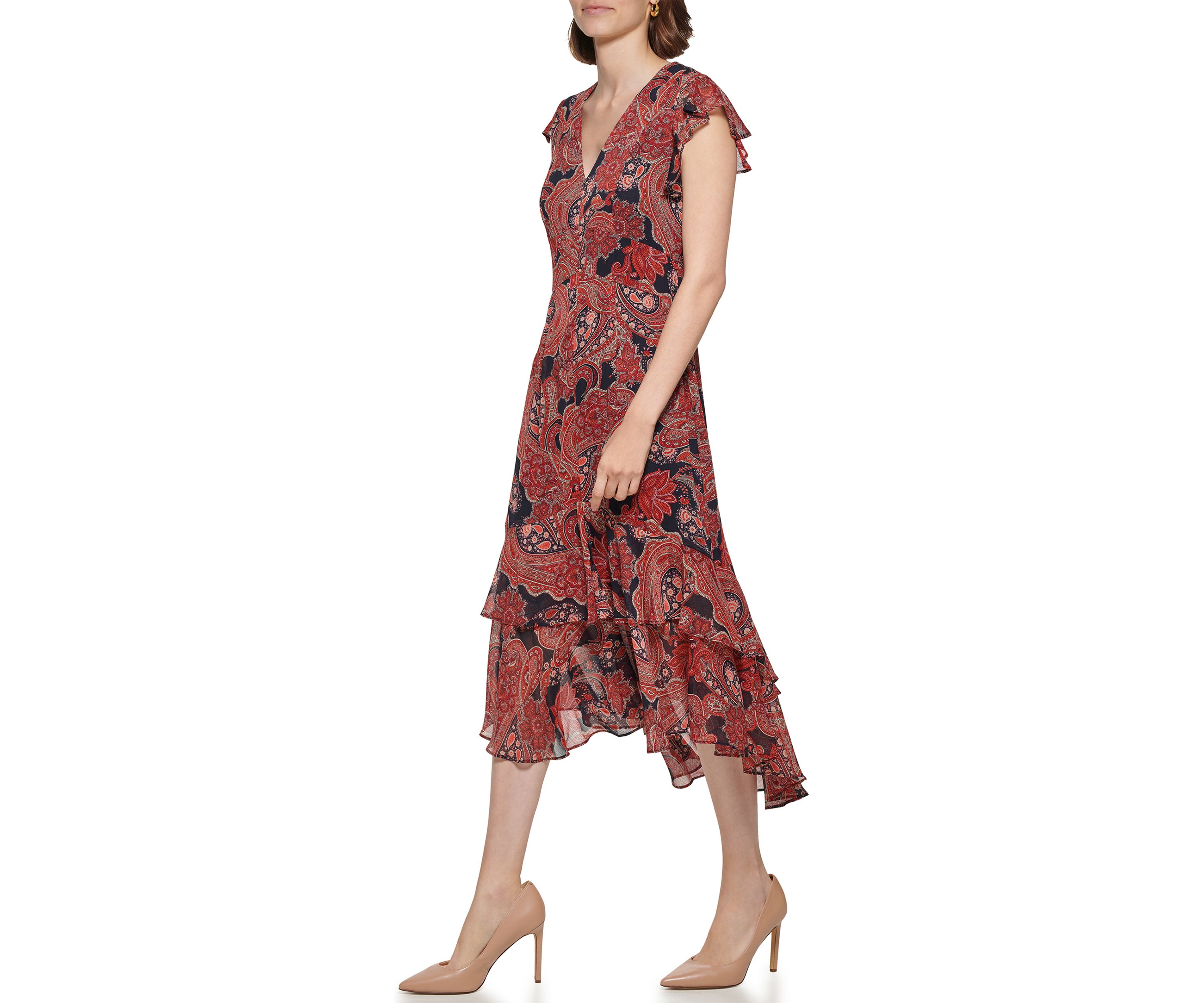 Womens Short Flutter Sleeve V-Neck Printed Fit and Flare Dress