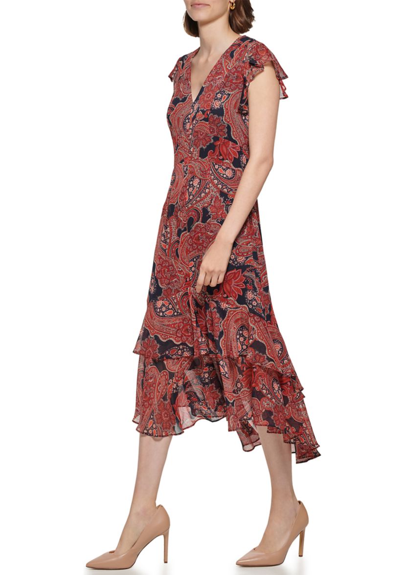 Womens Short Flutter Sleeve V-Neck Printed Fit and Flare Dress