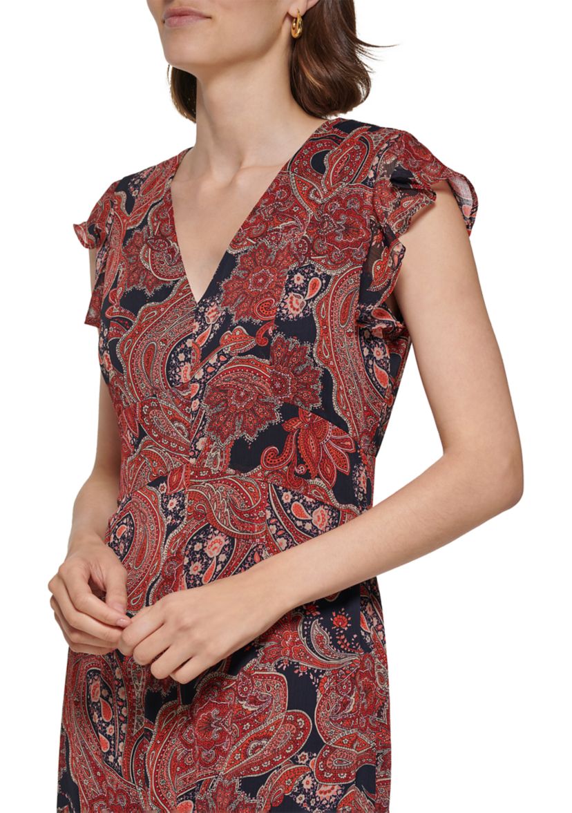 Womens Short Flutter Sleeve V-Neck Printed Fit and Flare Dress