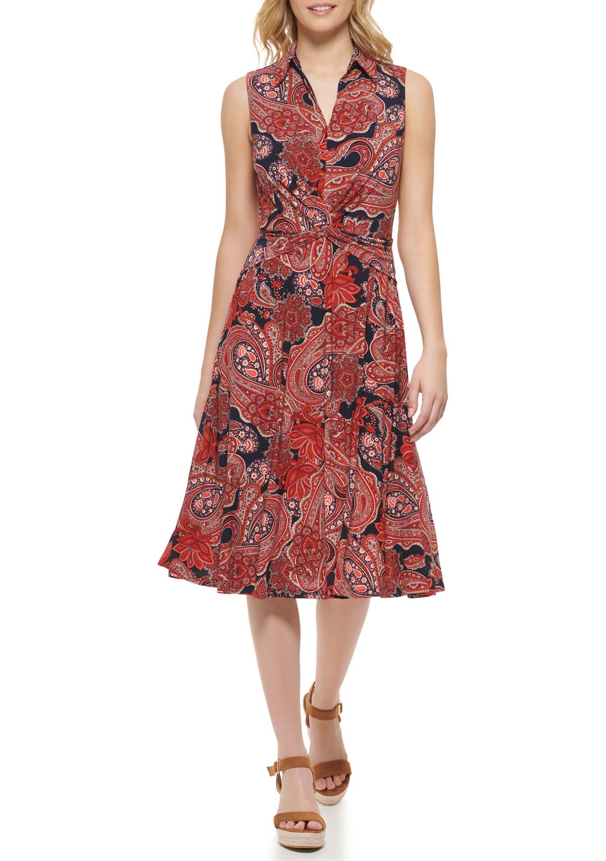 Womens Sleeveless Knot Front Paisley Print Fit and Flare Dress 