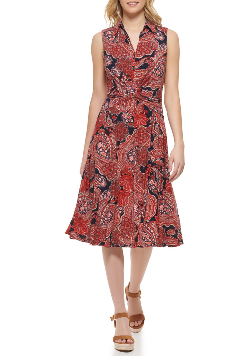 Womens Sleeveless Knot Front Paisley Print Fit and Flare Dress 