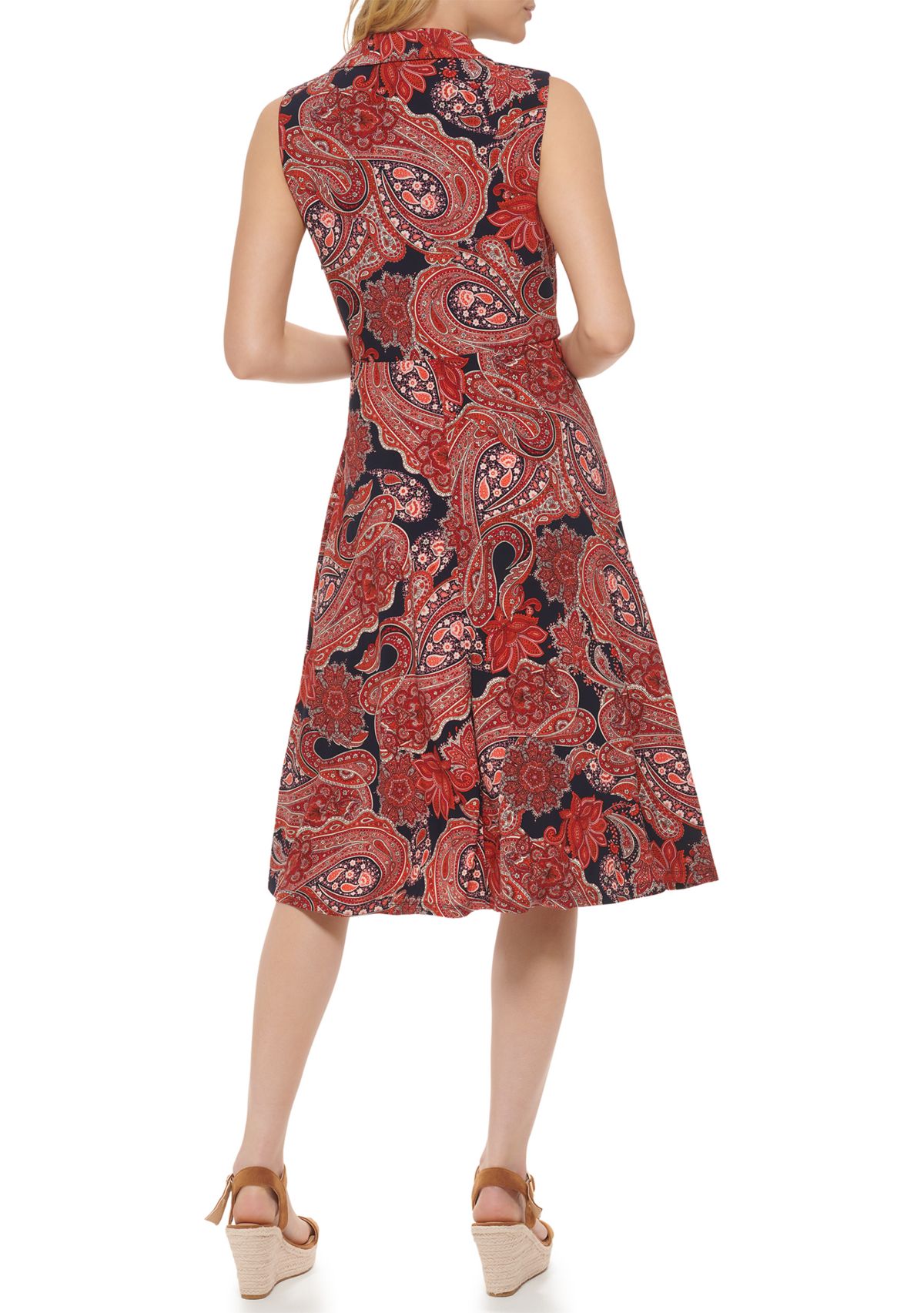 Womens Sleeveless Knot Front Paisley Print Fit and Flare Dress 
