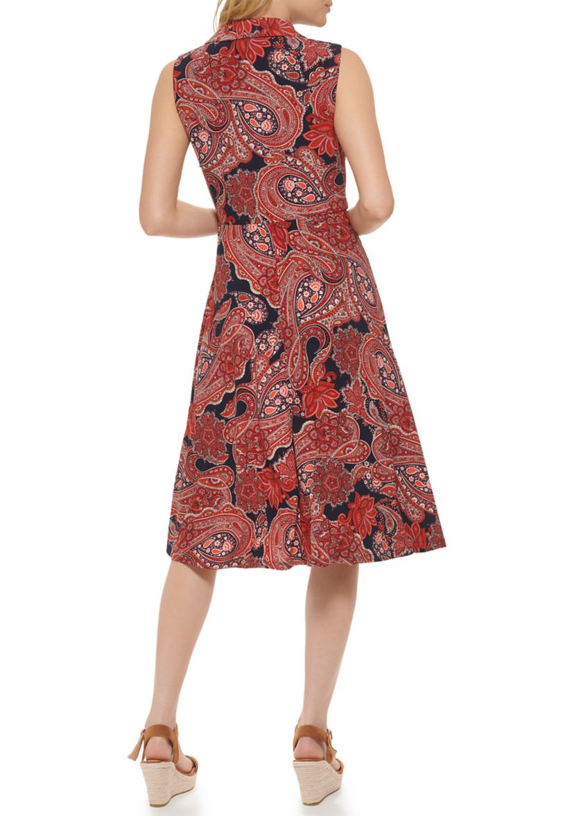 Womens Sleeveless Knot Front Paisley Print Fit and Flare Dress 