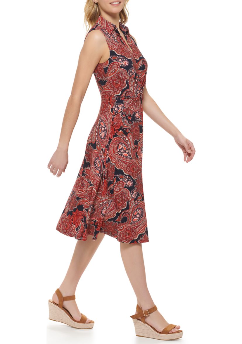 Womens Sleeveless Knot Front Paisley Print Fit and Flare Dress 