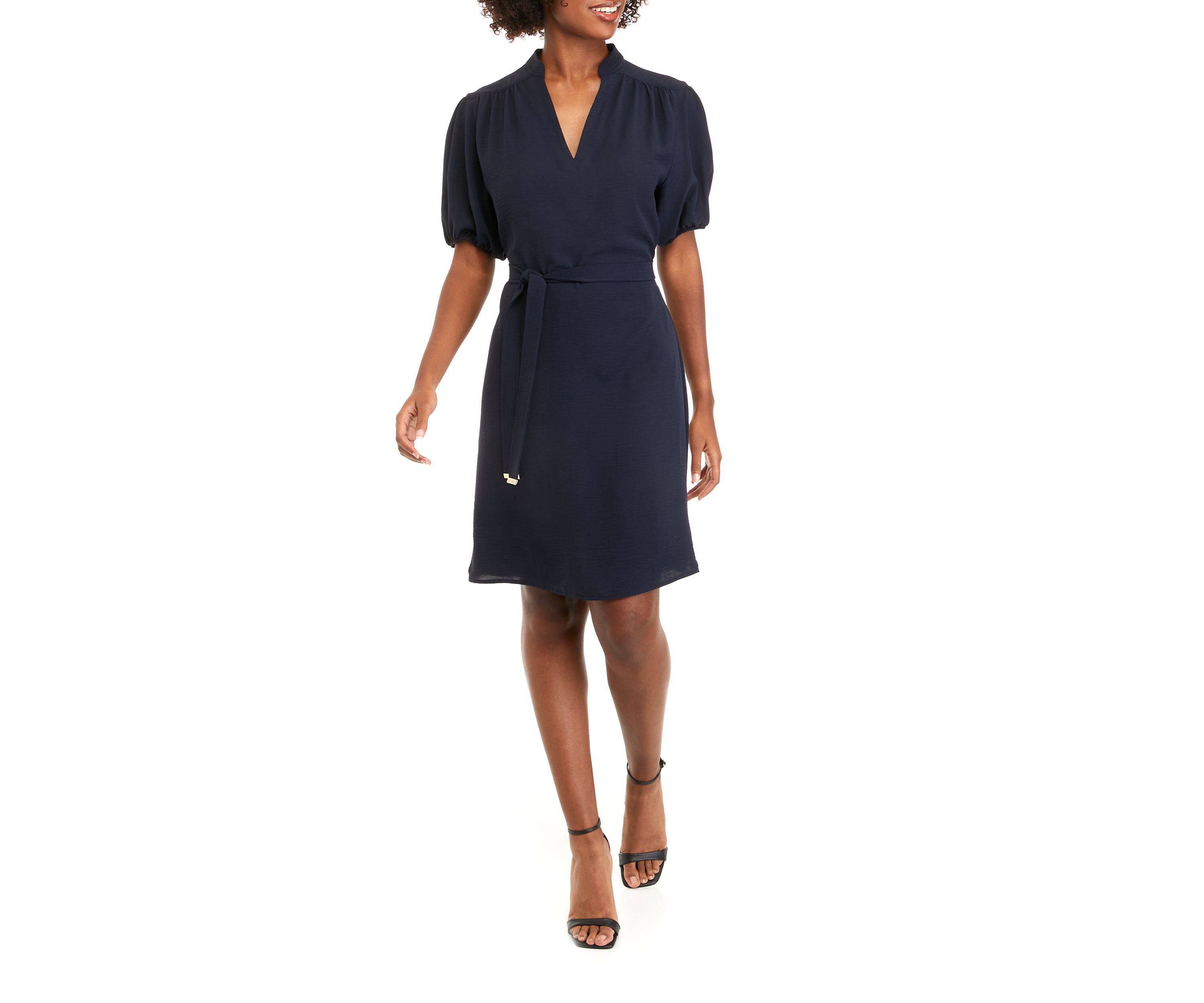 Womens Short Puff Sleeve Solid Wrap Dress