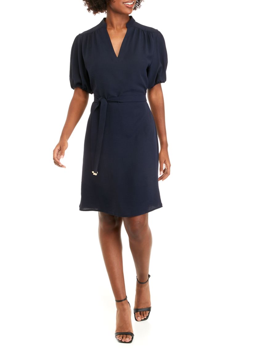 Womens Short Puff Sleeve Solid Wrap Dress